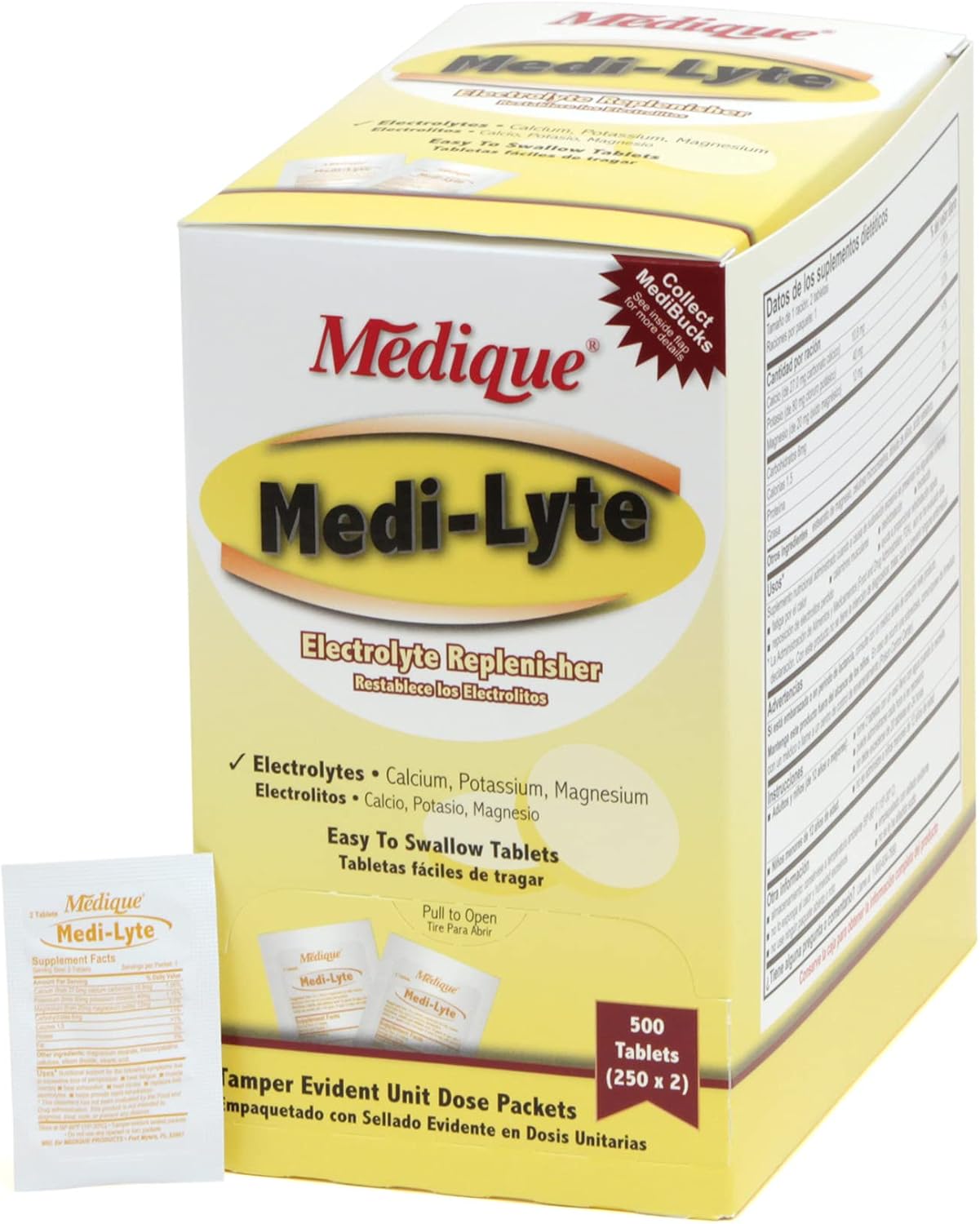 Medique Products 03013 Electrolyte Tablets w/ Potassium for Cramps, Heat Fatigue, Exhaustion Medi-Lyte, 500 Tablets (250 x 2 Packs)