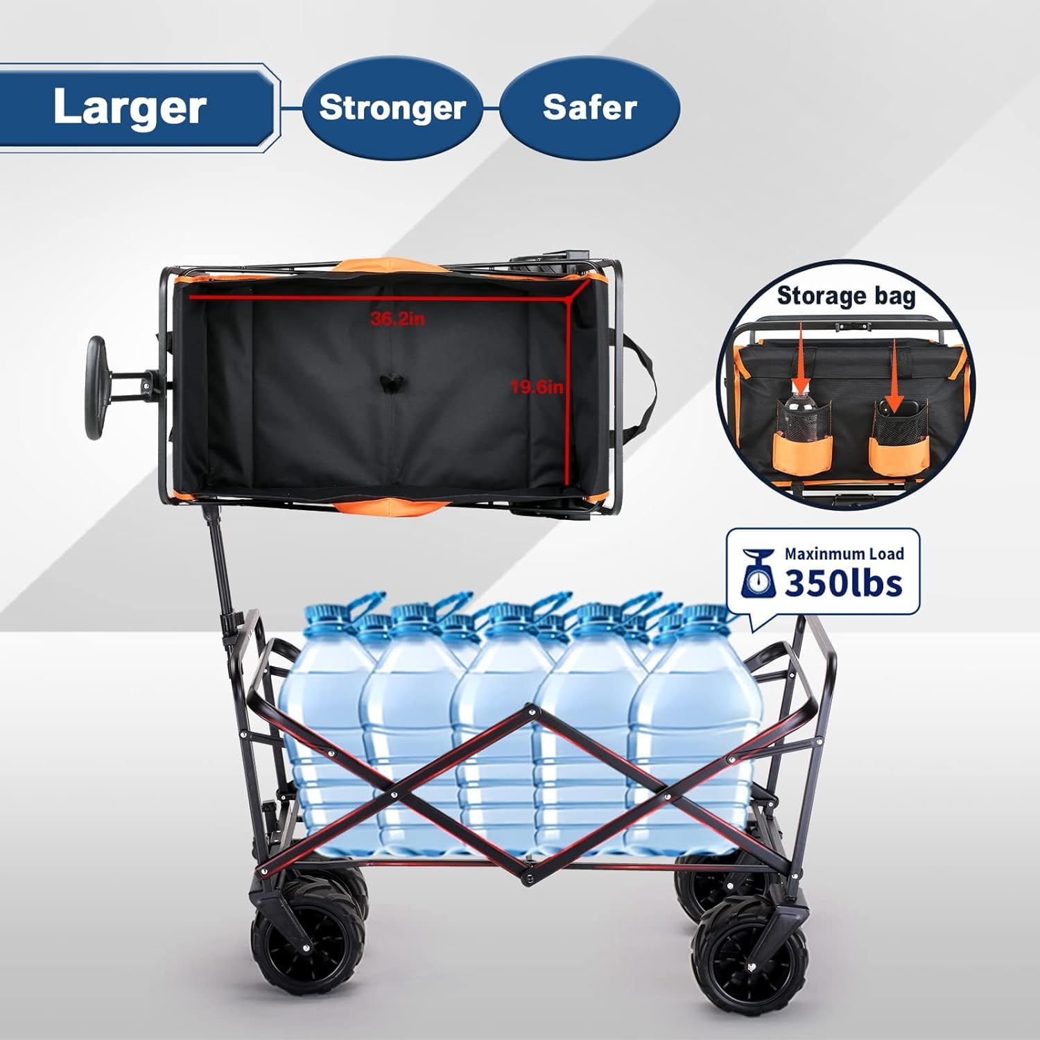 EchoSmile Bollerwagen Faltbar 200L 160KG, Handwagen Transportwagen Klappbar mit Verstellbarem Griff & Seitentaschen, Breite Räder All-Terrain Strandwagen Gartenwagen Einkaufswagen, Schwarz & Orange