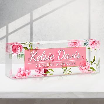 Custom Name Plate for Desk - Acrylic Desk Accessories Name Plate Personalized - Office Personalized Gifts for Coworkers Boss Lady Nurse Social Worker Employee Appreciation Gifts Style-Pink Rose