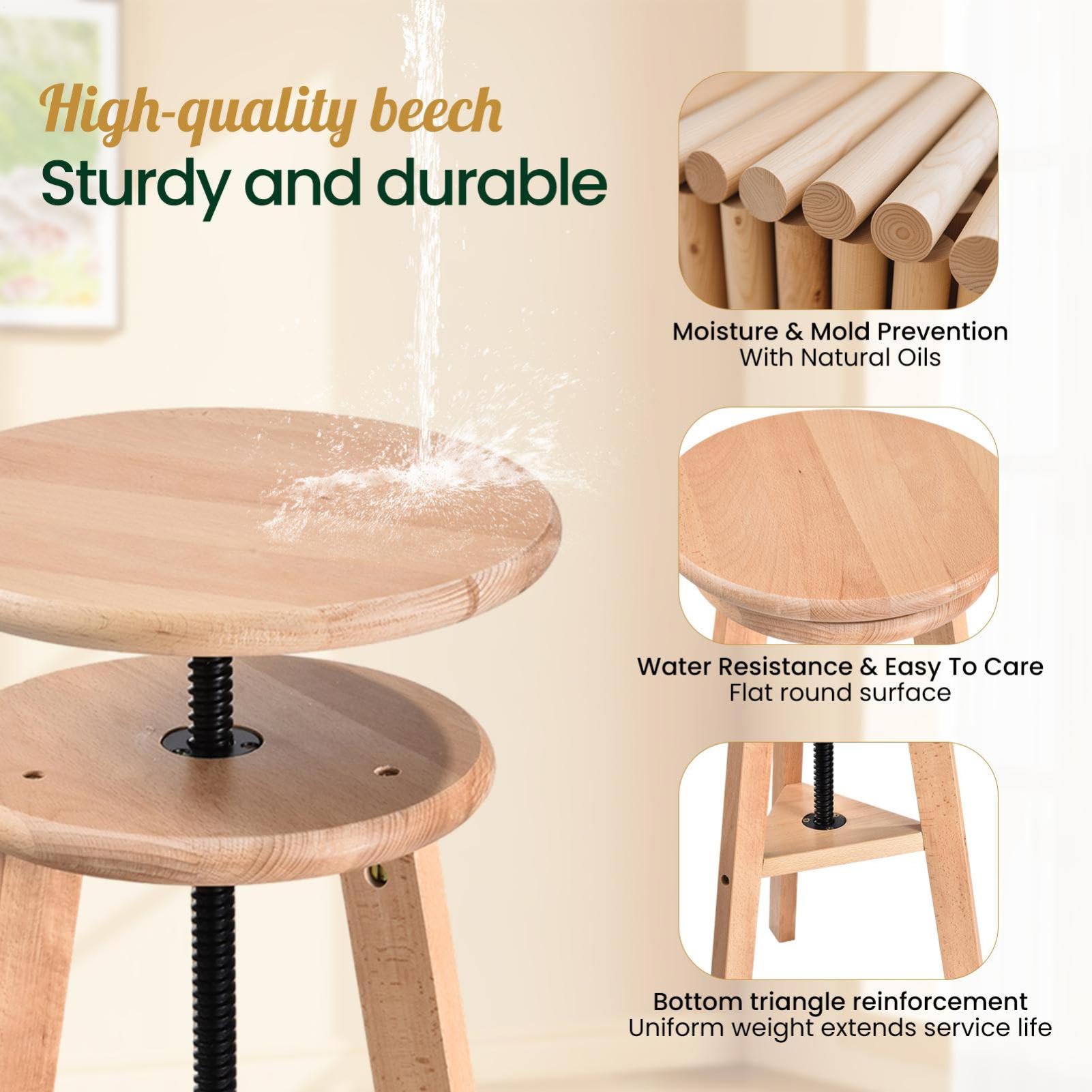 Generisch Sgabello da pittura regolabile in altezza, in legno di faggio, diametro 30 cm, 48-65 cm, sgabello regolabile in altezza, girevole a 360 gradi, sedia in legno, per bar, cucina, uso domestico