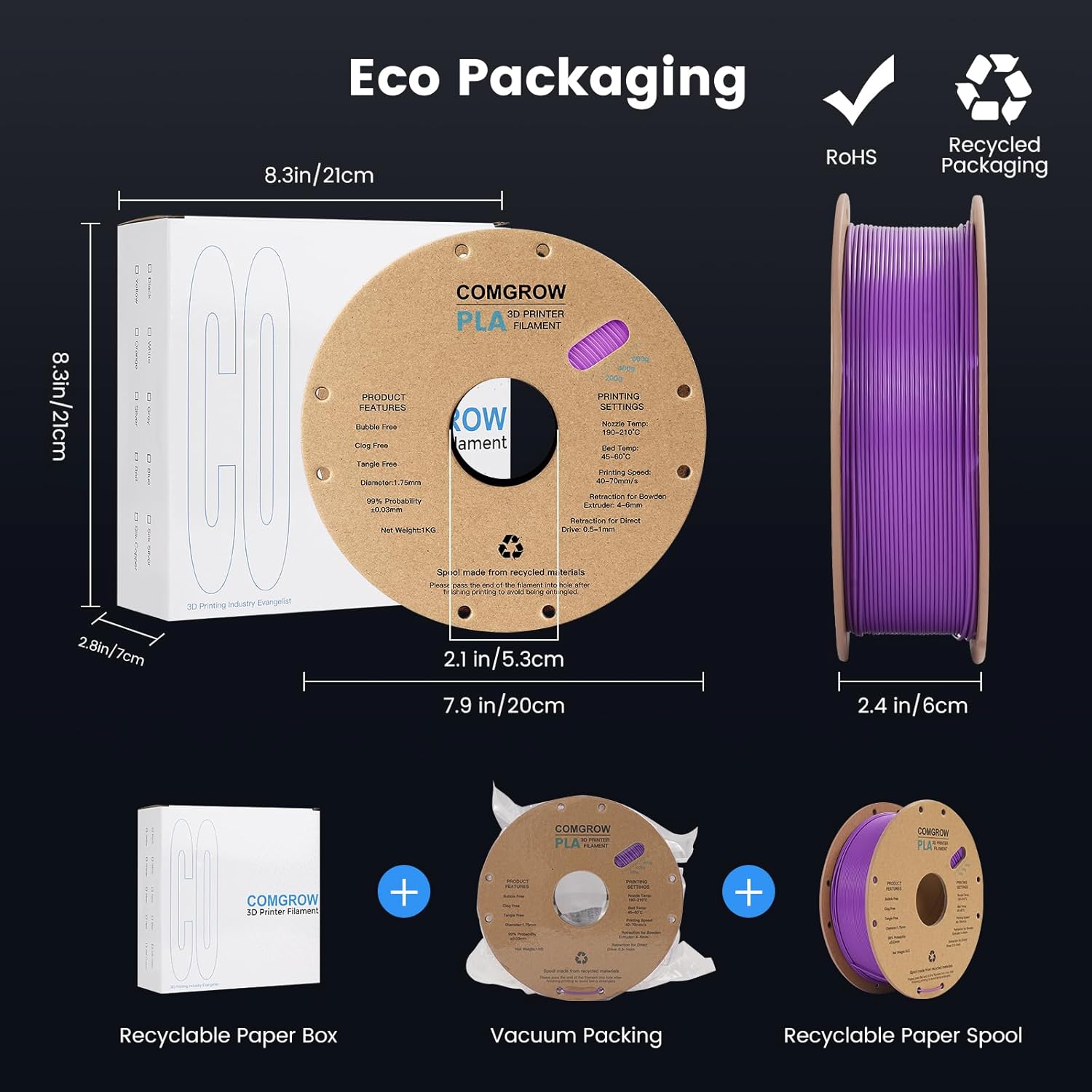 Comgrow PLA 3D Printer Filament, 3D Printer PLA Filament 1.75mm 1KG Spool PLA Lavender Purple and Silk Shiny Blue Purple and Yellow 3D Printer Filament