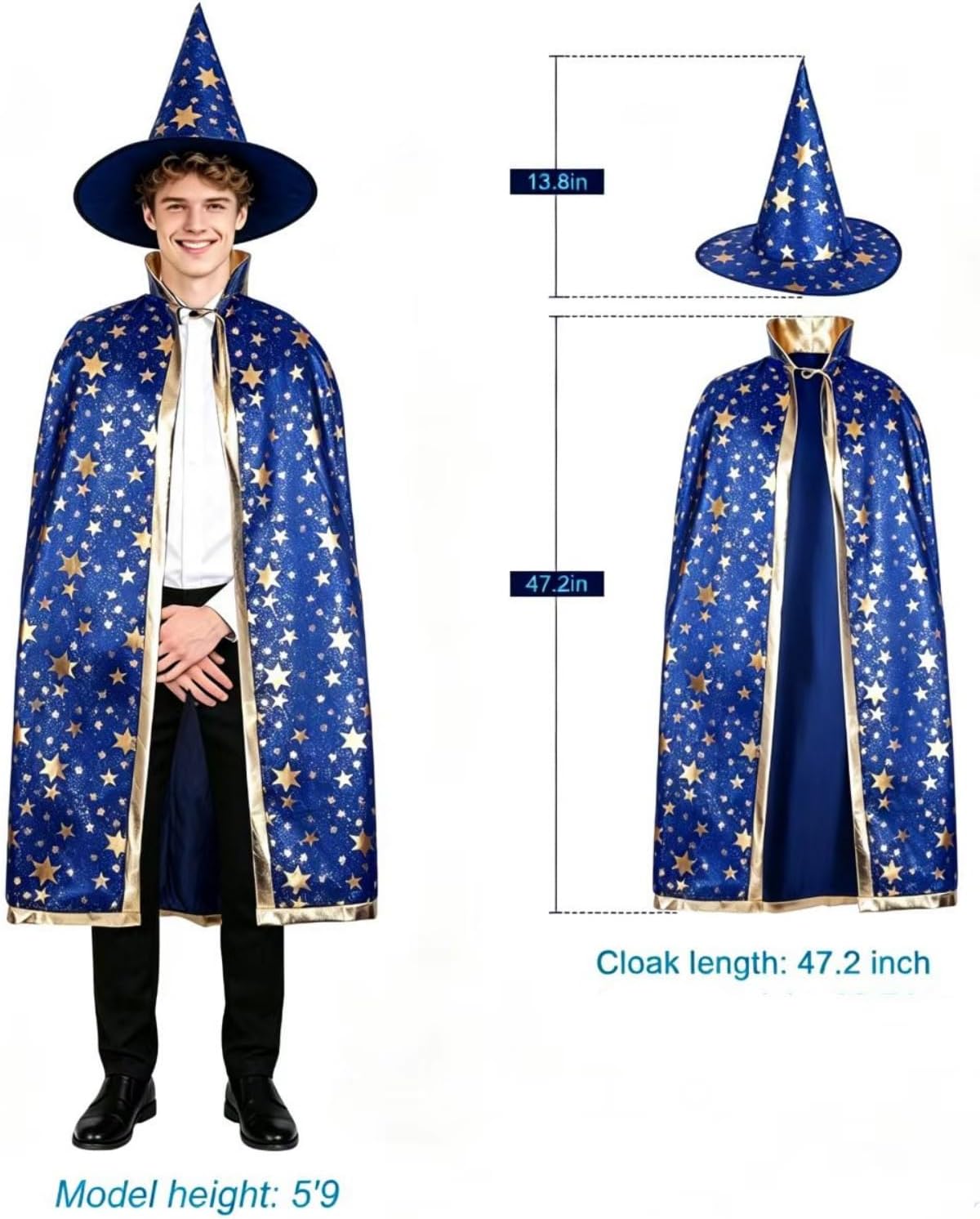 2Pcs Adult Wizard Costume Set, Wizard Cape and Witch Hat Halloween Cloak