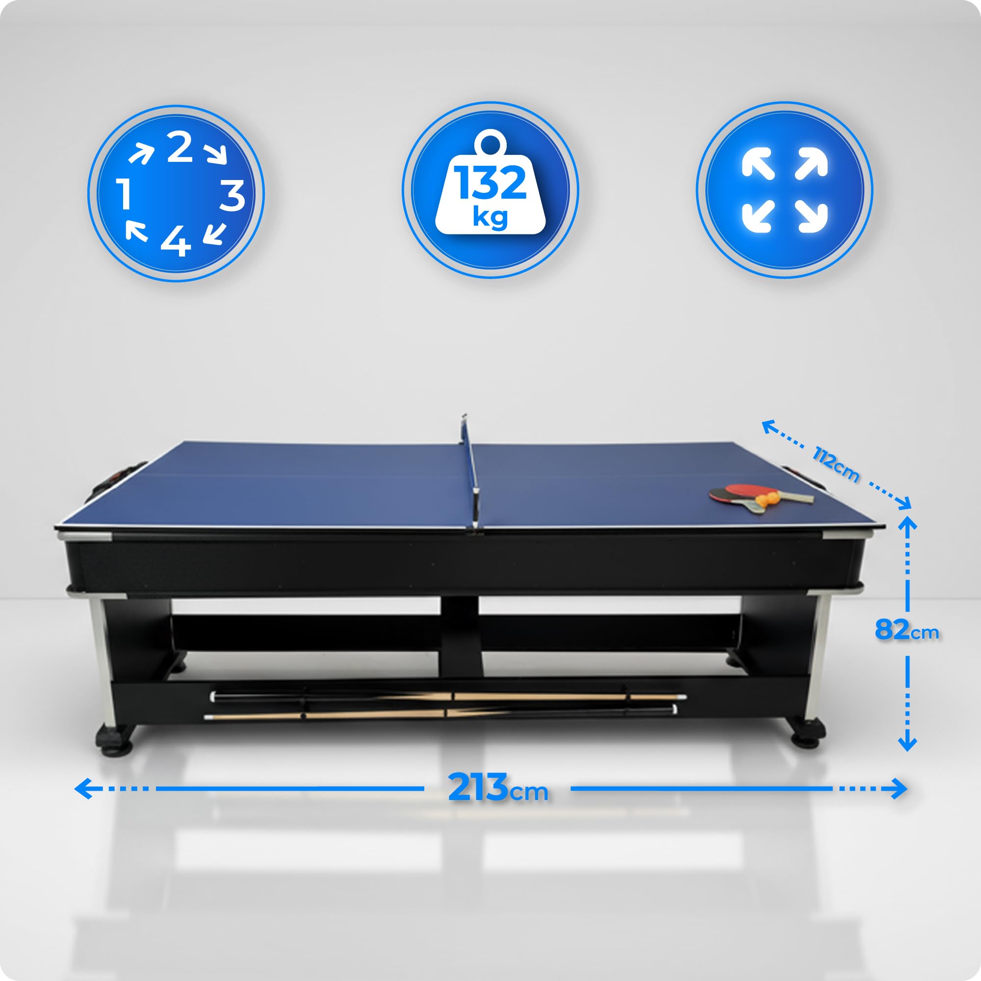 Table de Jeu multifonctionnelle Robuste 7ft THUNDER Crush 4en1 – Billard, Air-Hockey, Tennis de Table & Table de Salle à Manger avec Ensemble Complet d'accessoires