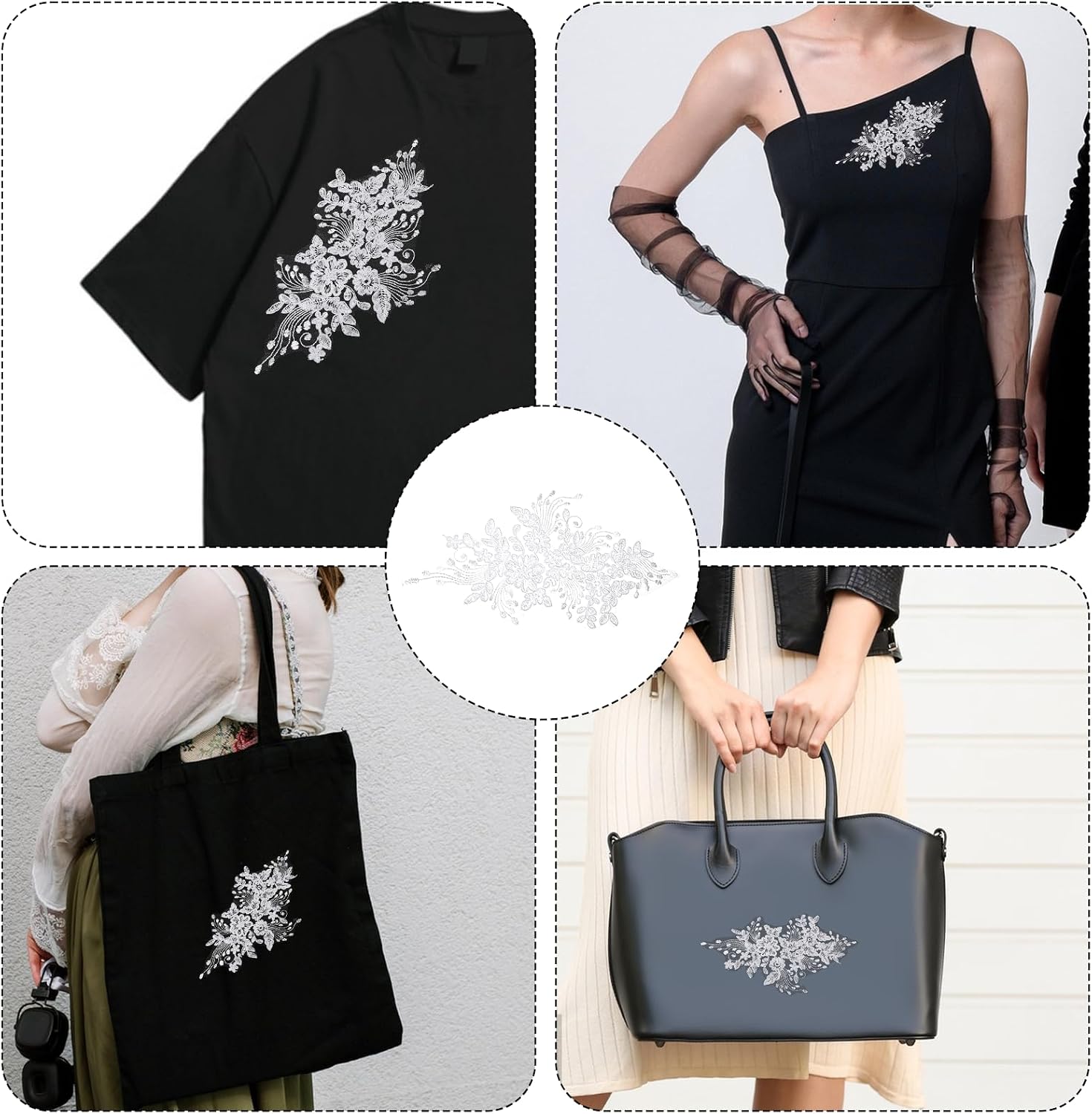2PCS Applique Patches, Embroidered Lace Patches Black Appliques Embellishments Sequin Bead Floral Embroidered Sew on Appliques Patch for Wedding Bridal Dress Sewing Craft Clothes