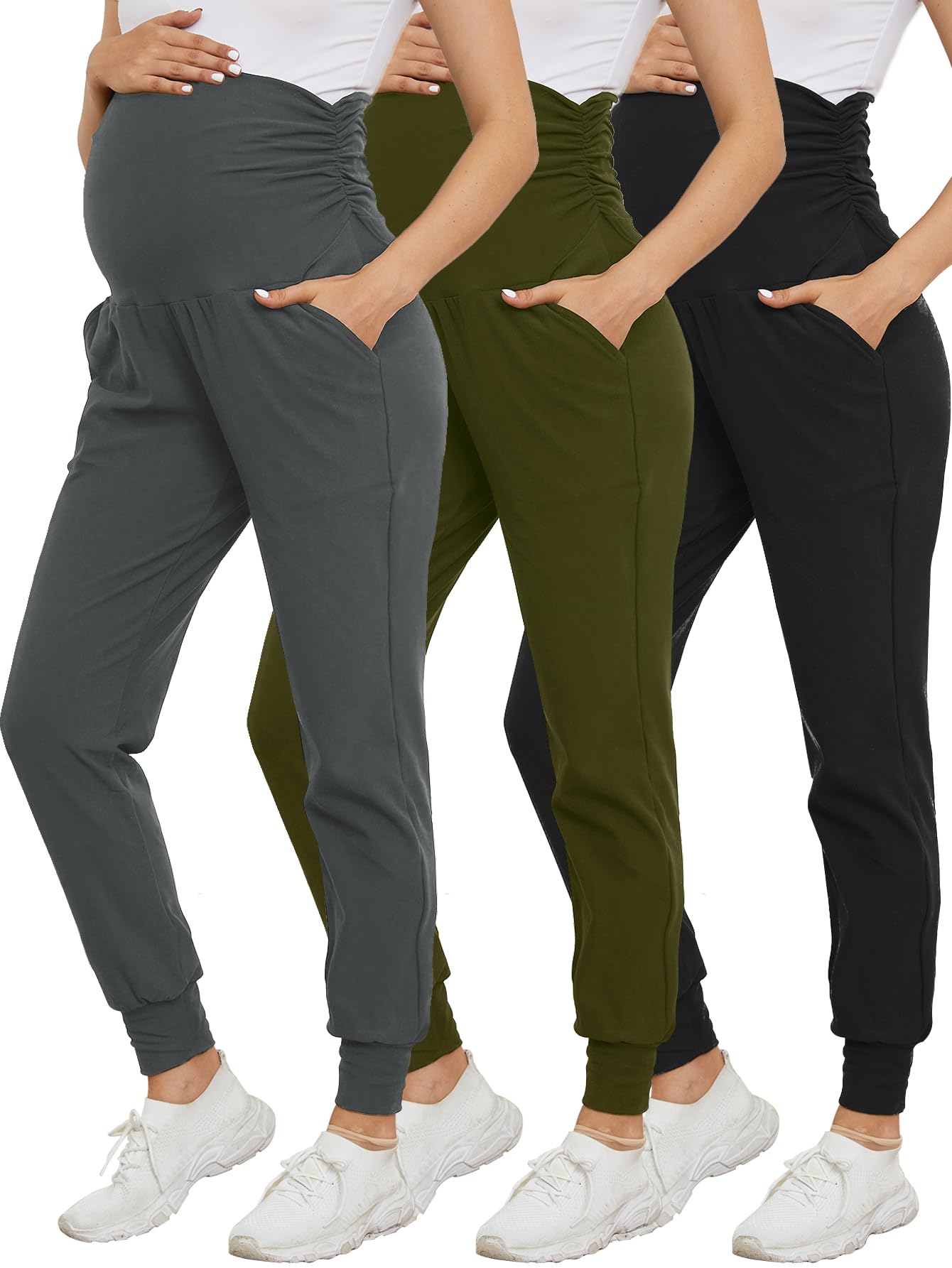 PARNIXS Damen-Umstands-Jogginghose, dehnbar, für Workout, Sport, Lounge, Schwangerschaftshose, Yogahose mit Taschen, 3er-Pack