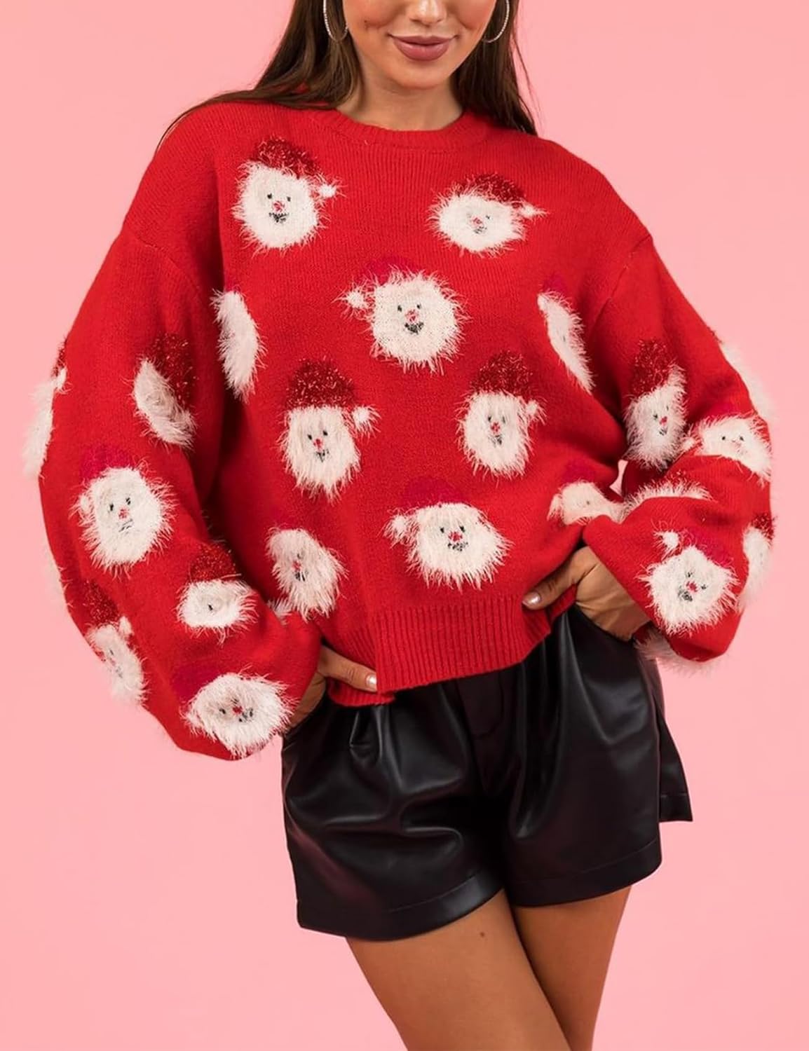 Gihuo Women's Ugly Christmas Sweater Cute Santa Funny Xmas Holiday Knitted Pullover Crewneck Sweater Tops - Image 3