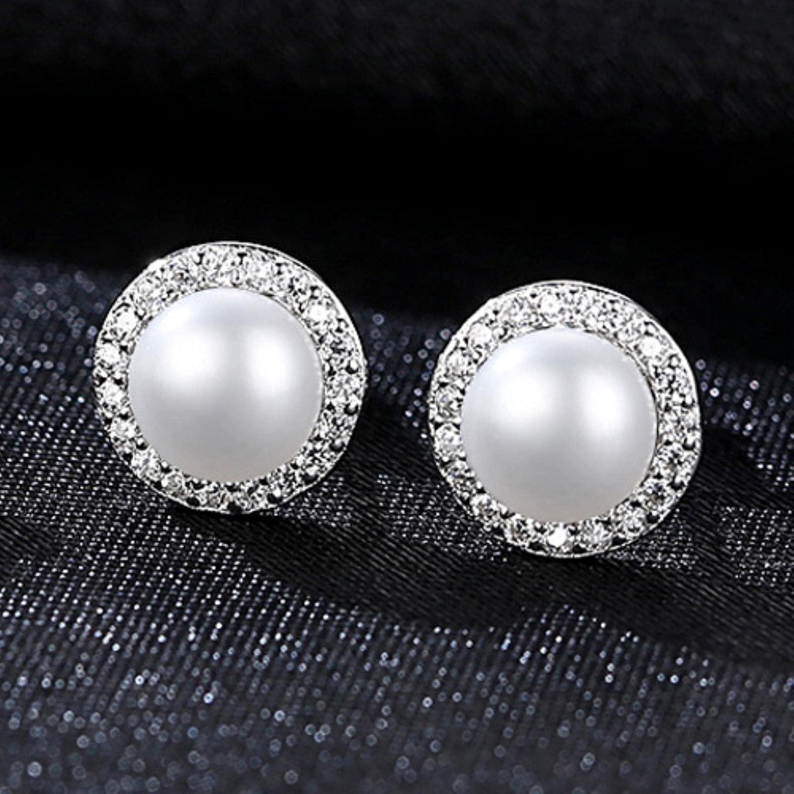 SALAN SALAN Pendientes Clásicos De Forma Redonda para Mujer, Pendientes De Perlas Naturales, Circonita Pequeña, Pendientes Delicados De Plata De Ley 925, Joyería Fina