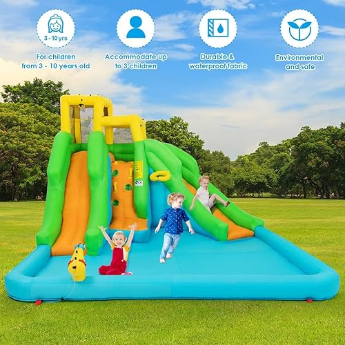 Miniatura 2 de KOTEK Tobogán acuático inflable, parque acuático 6 en 1, casa hinchable para niños al aire libre con pared de escalada, 2 toboganes largos, piscina