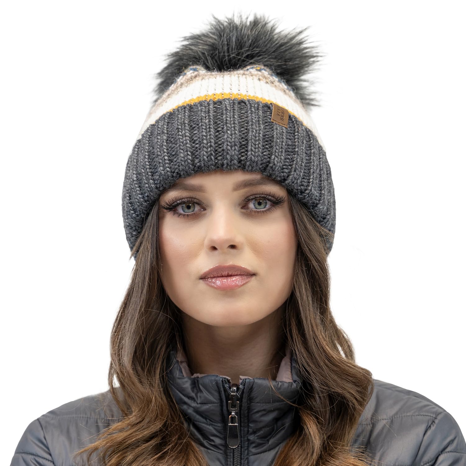 Vivisence Colourful Winter Women's Hat with Large Pom-Pom Made of Warm Yarn with Wool Soft Antistatic Fleece Lining Ideal for Cold Winter Days, Dark Grey,UNI