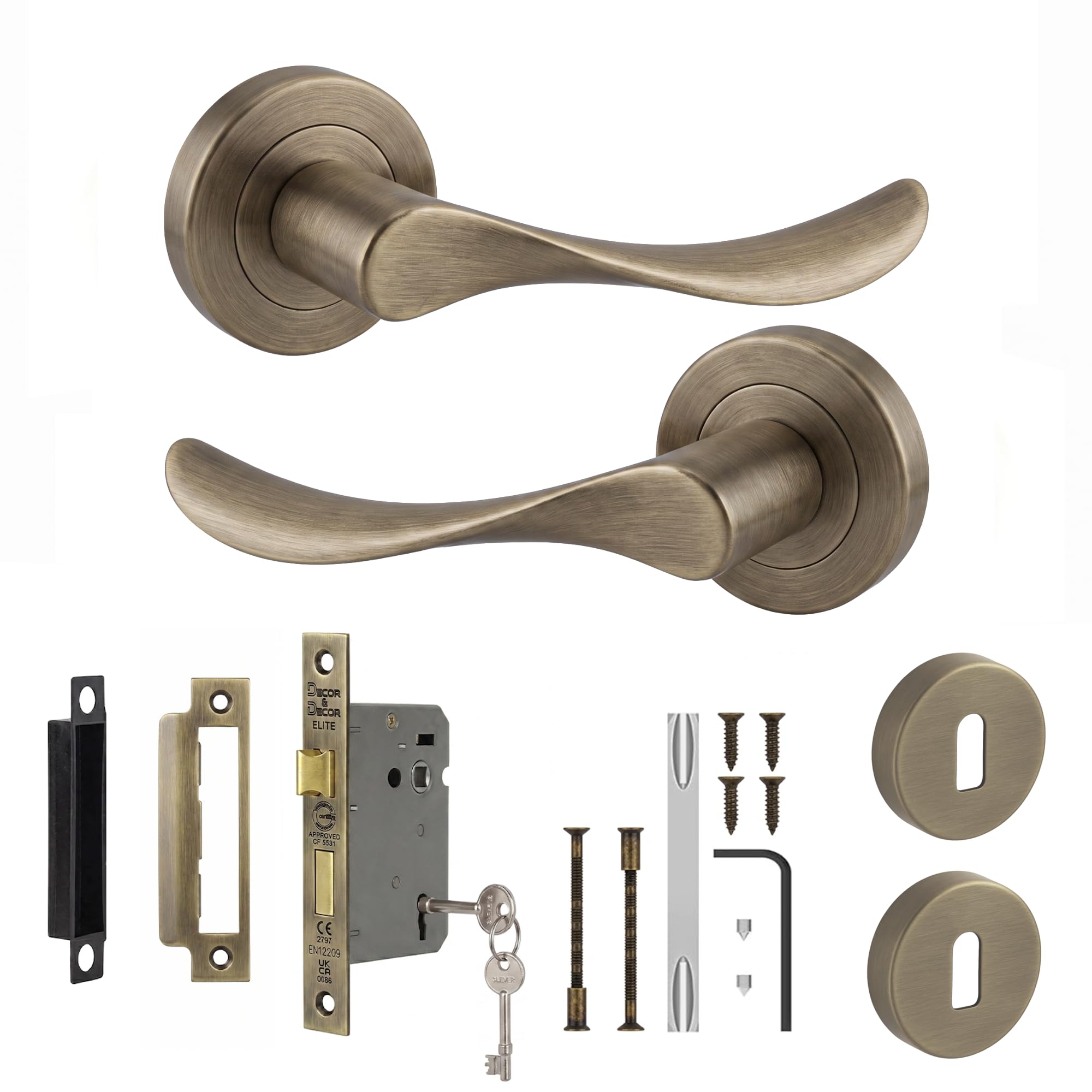 Decoranddecor Nimbus Antique Brass Door Handles, Sash Lock Kit 76mm — image 1