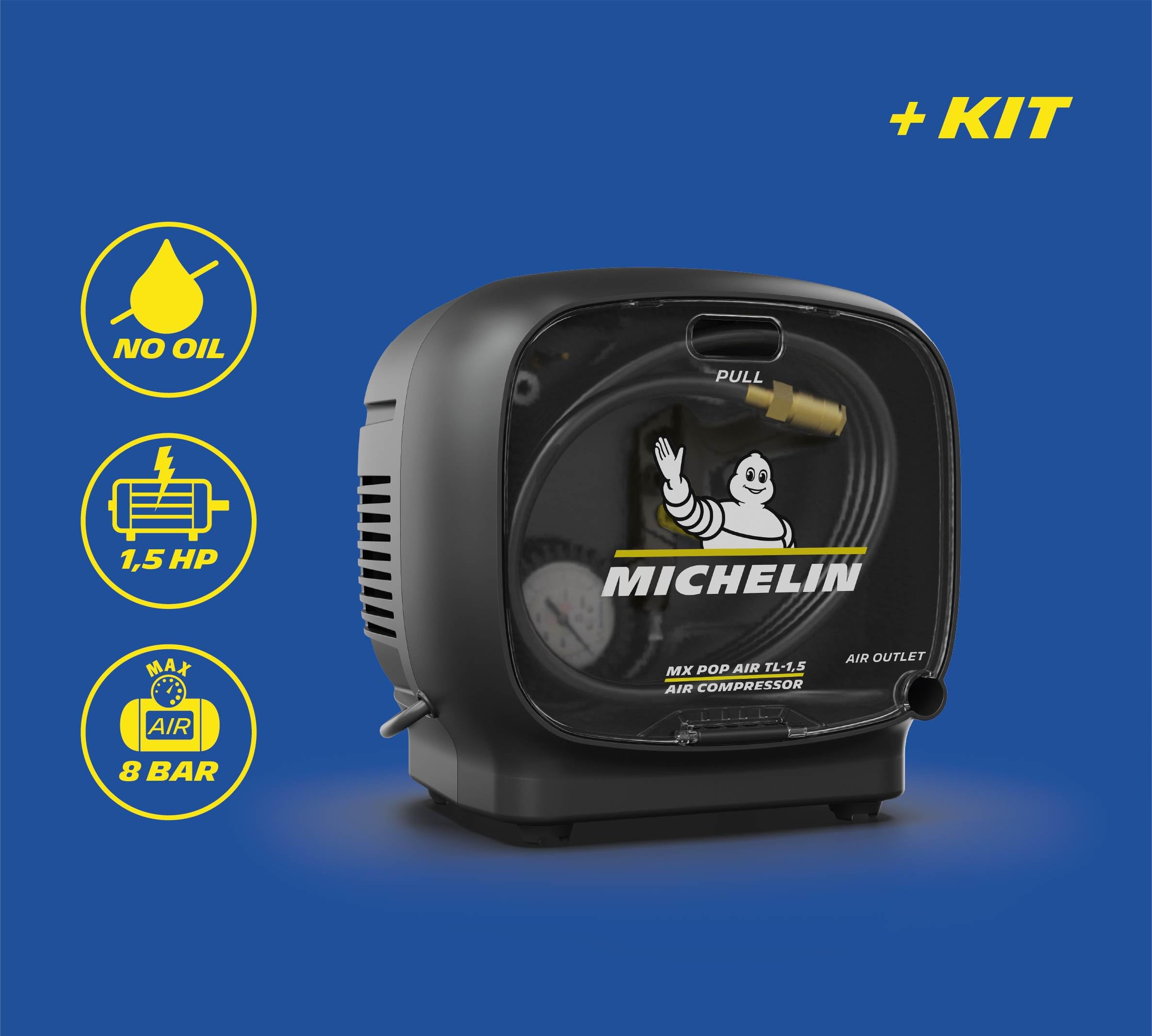 MICHELIN, Compressore Portatile SENZA SERBATOIO MX POP AIR TL-1,5, + Kit (Include Tubo in Gomma 3m, Pistola di Gonfiaggio, Ugello Lungo di Soffiaggio, 3 Ugelli di Gonfiaggio), Motore da 1,5 hp