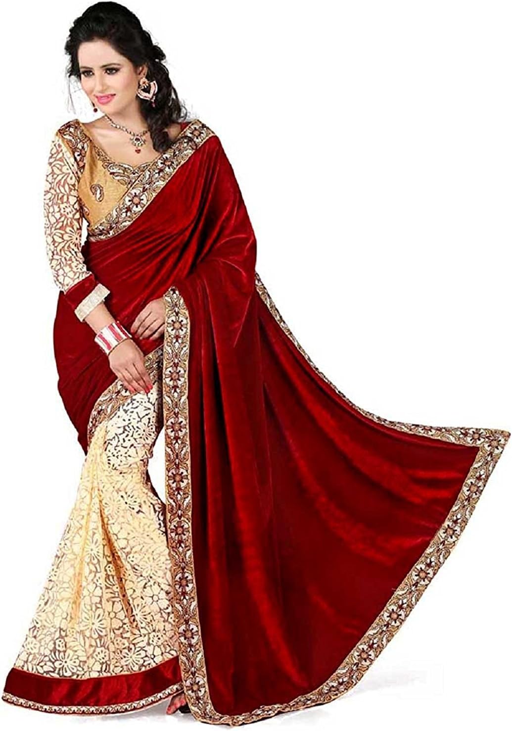 Dhyey Fashion Women's Banarasi Velvet Saree With Un-stitched Blouse (Maroon)