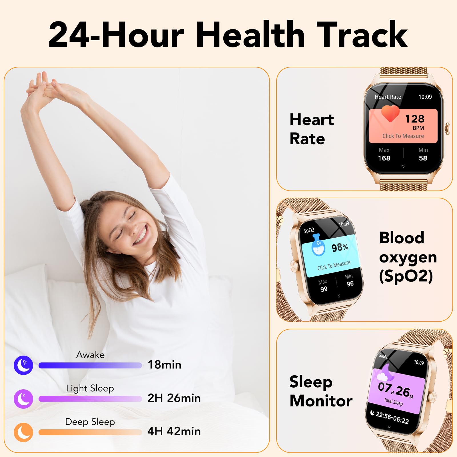 Smartwatch Donna,1.85'' Orologio Smartwatch con Chiamate Bluetooth/Assistente,120+ Sportive Smart Watch con Contapassi/Sonno/Cardiofrequenzimetro,IP68 Fitness Tracker per iOS Android, Oro e Rosa