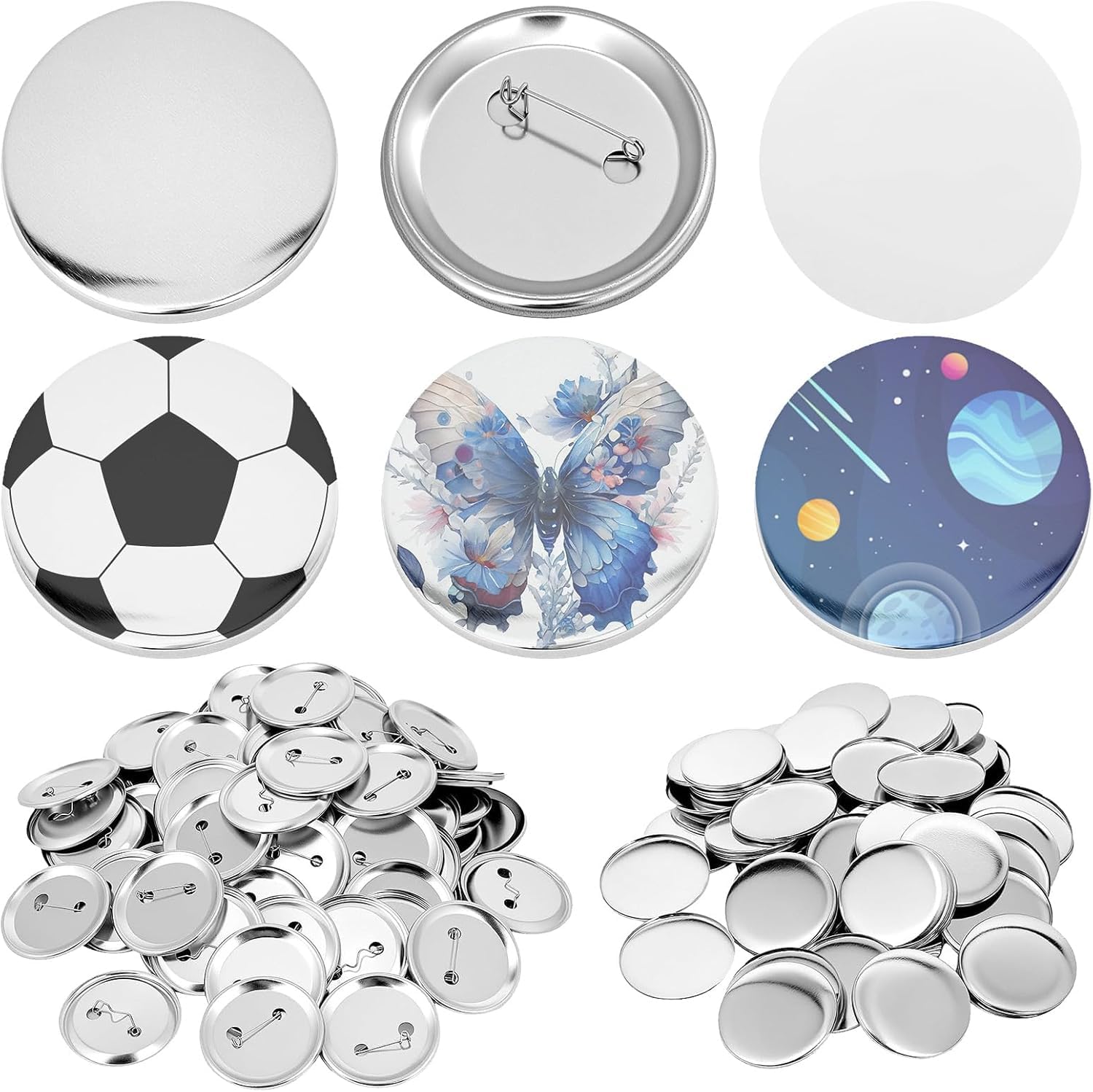 Buttons selber machen, 100 Stück Blank Button Rohlinge 58mm, Runde Metall Abzeichen Teile, Badge Making Supplies passend für Maker Maschine