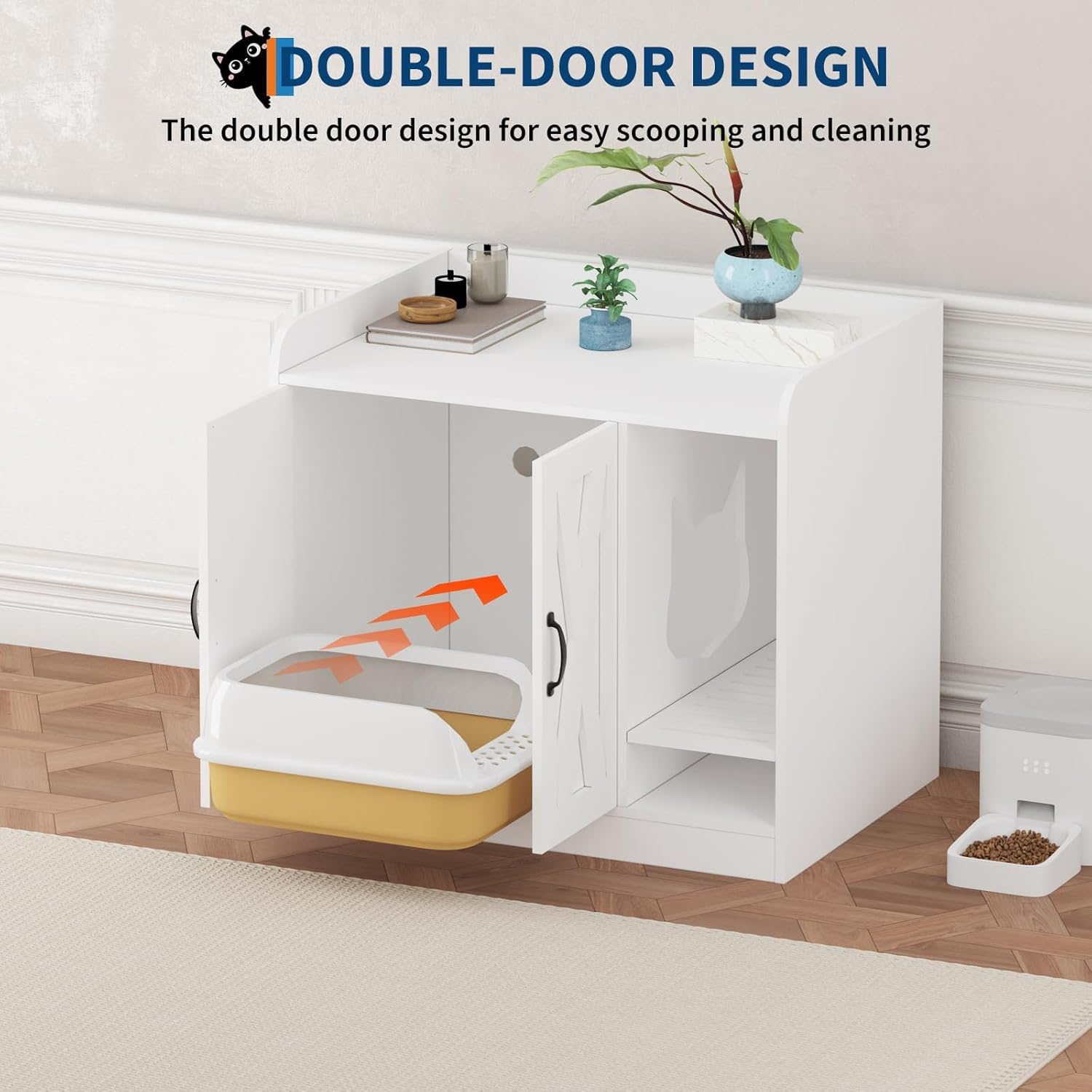 Cat Litter Box Enclosure,Hidden Litter Box Furniture with Divider,Indoor Cat House,Wooden Cat Washroom Storage Cabinet Bench, Side End Table Nightstand, 33.07"L × 23.62"W × 23.92"H,White
