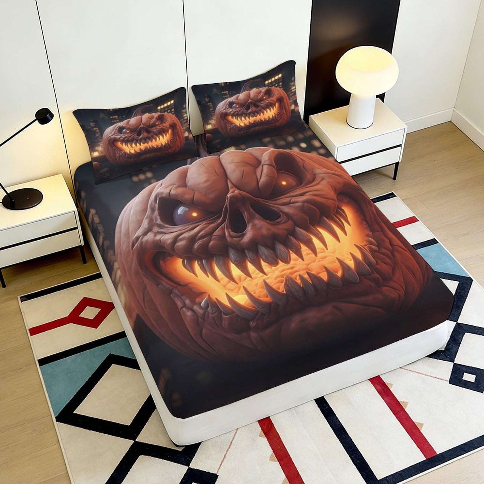 Lenzuolo con angoli con stampa 3D, motivo zucca, in microfibra, antiscivolo, decorazione per la casa