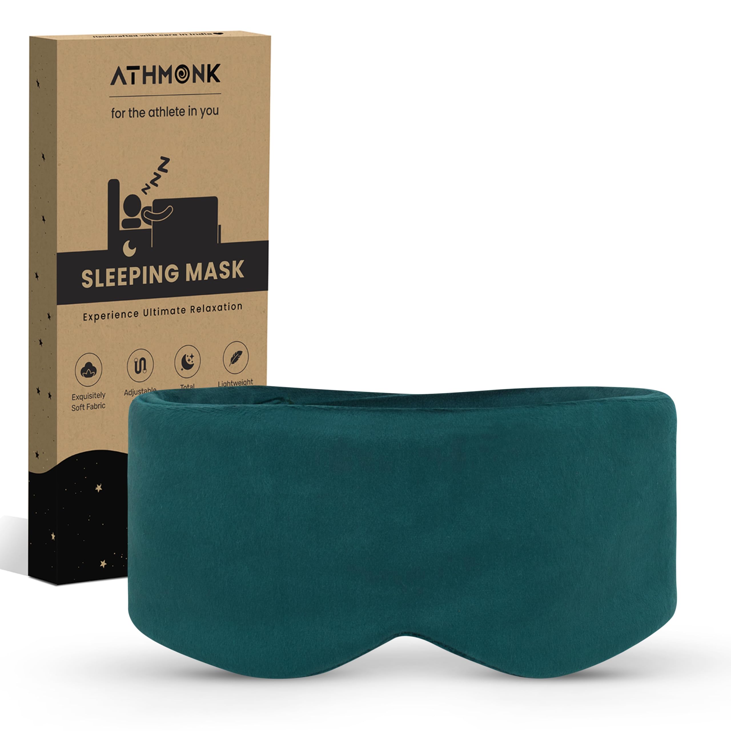 AthmonkAthmonk Luxury Velvet Extra-Wide Sleeping Eye Mask Blind Fold - Essential Travel Accessories - Blindfold For Sleeping - Eye Mask For Sleeping Men & Women - Complete Blackout - Velcro Strap - Teal