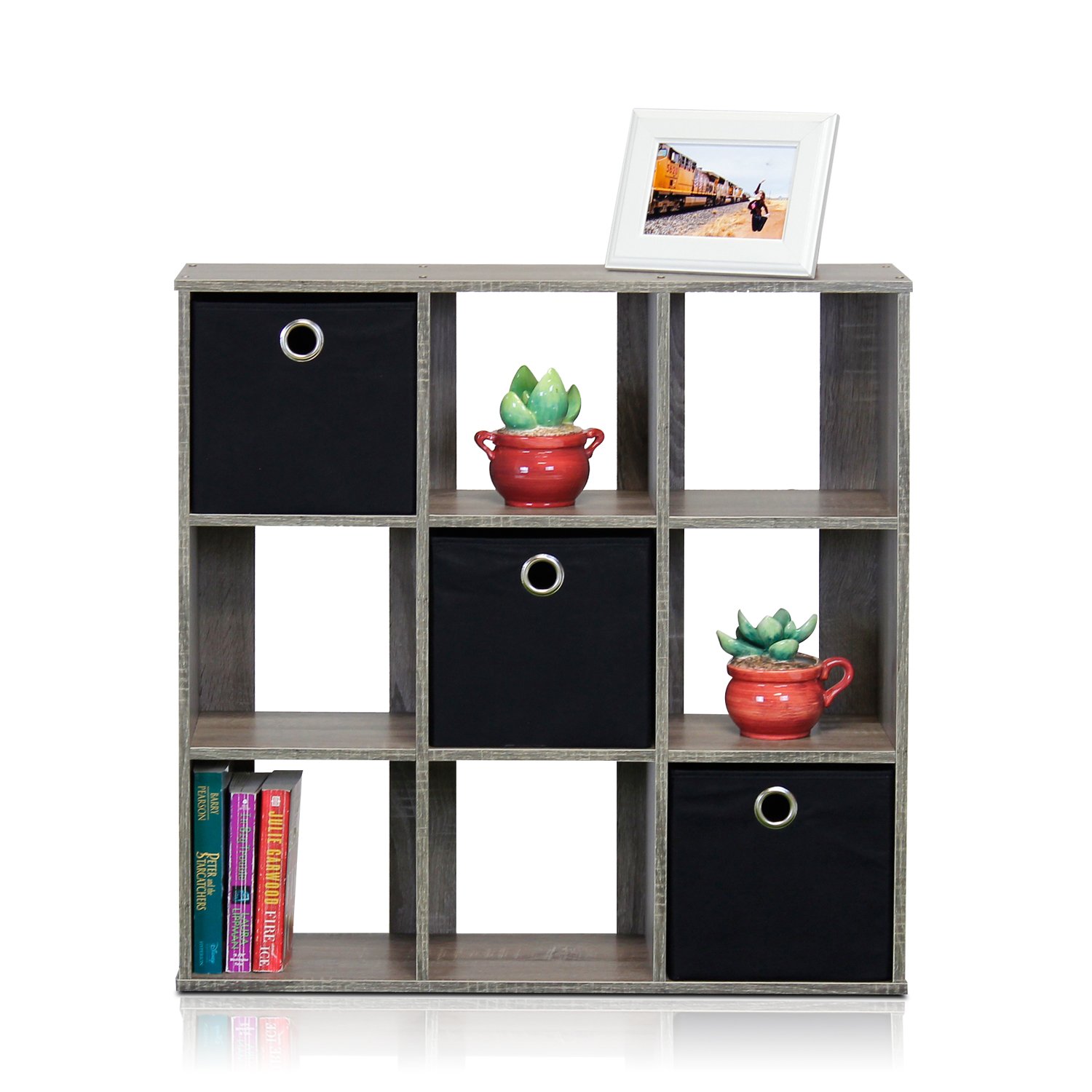 Furinno Simplistic Organisateur à 9 Cubes avec Bacs, Chêne Français Gris/Noir, Bois dense, One Size