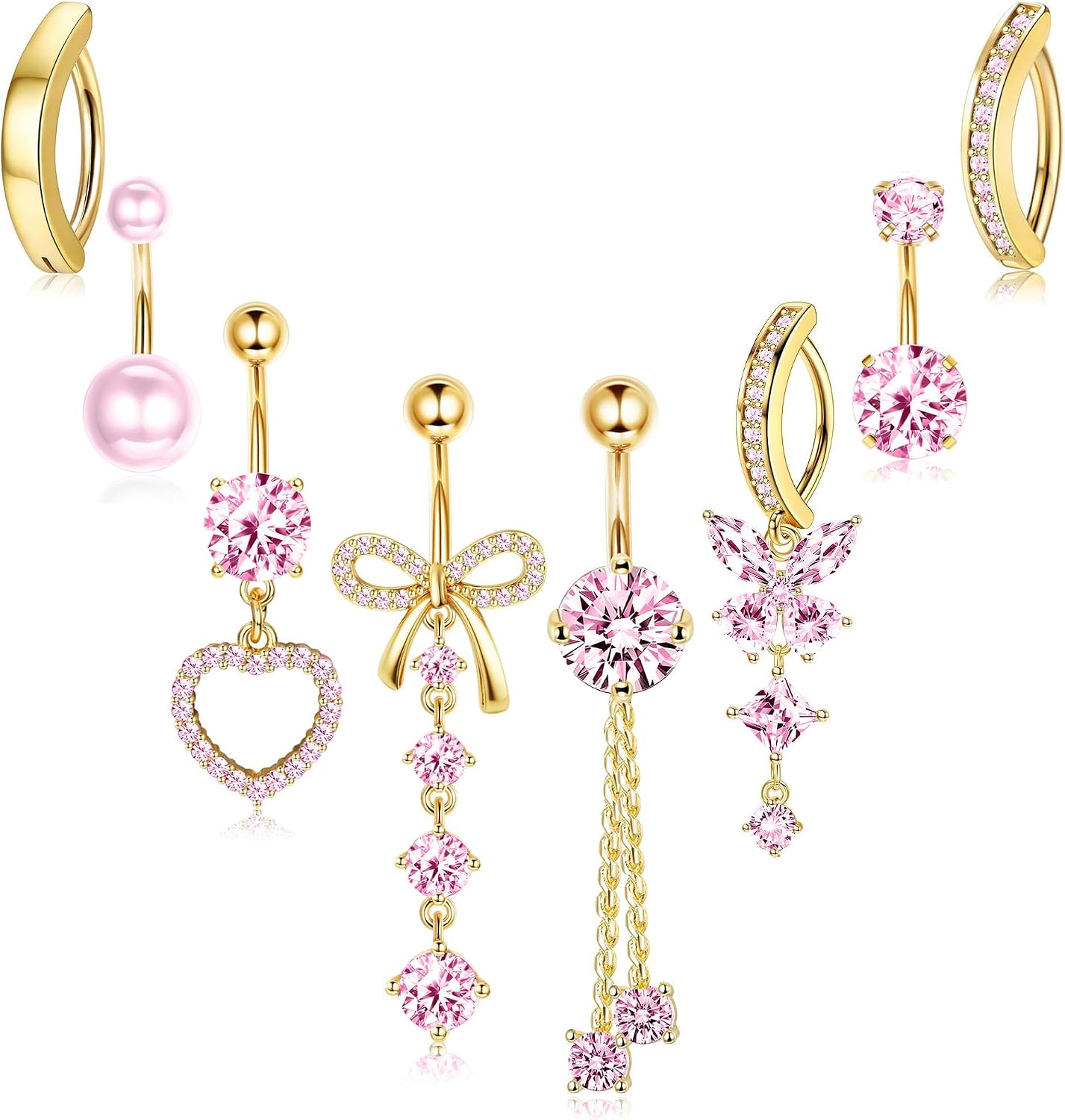 SMORI Silver/14K Gold Plated Belly Button Ring Dangle Belly Rings Surgical Stainless Steel 14G Belly Button Piercing for Women Cute Clicker CZ Heart Butterfly Navel Ring Belly Piercings Jewelry Pack