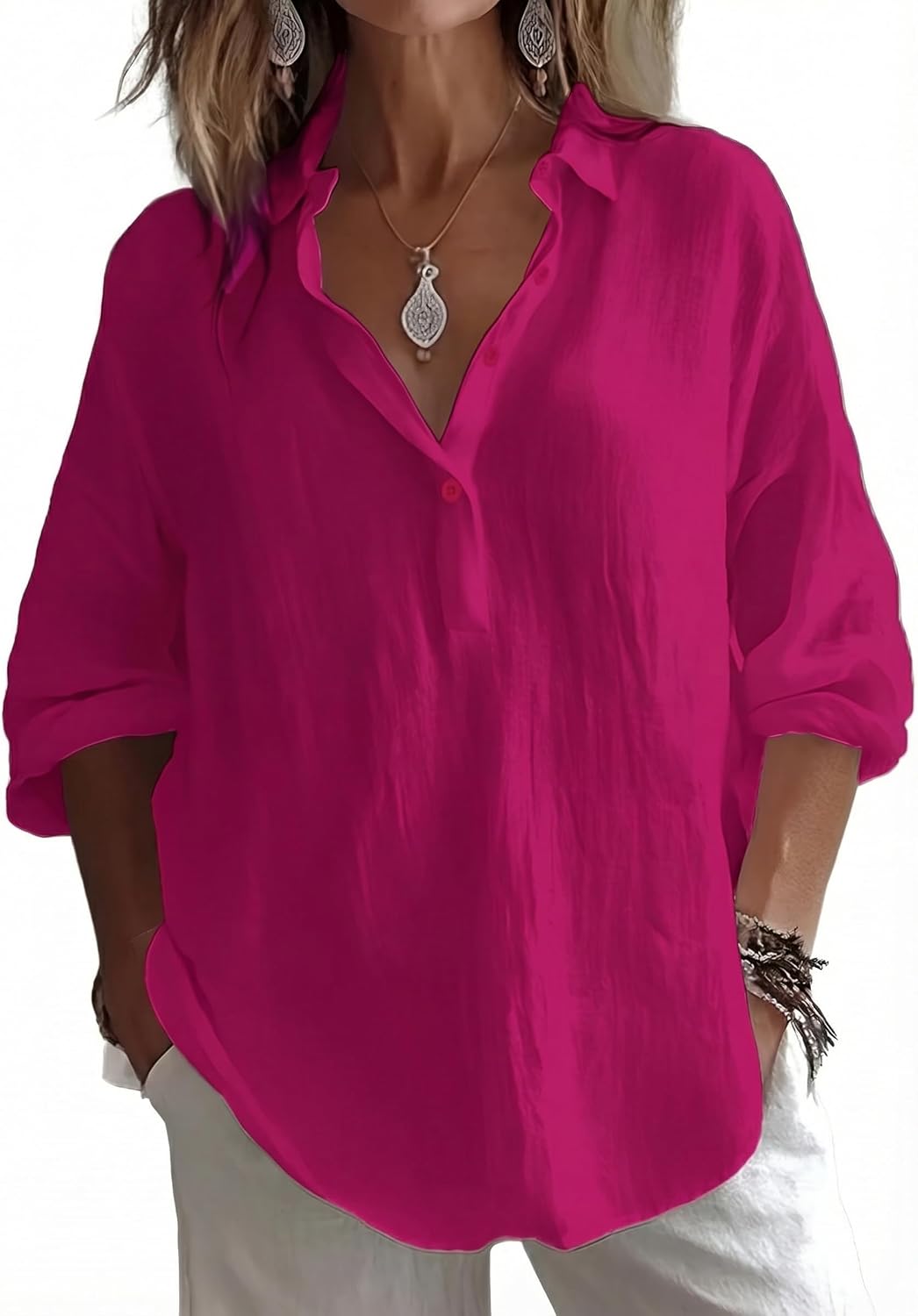 LUSMAY Women's Casual 3/4 Sleeve Button-Down Shirt, Loose Fit Solid Blouse Top