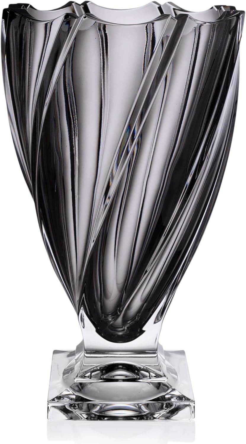Czech Bohemian Crystal Glass Vase 13'' Grey ''Ponti'' European Design Elegant Centerpiece Flower Vase Home Decor Wedding Birthday Housewarming Anniversary