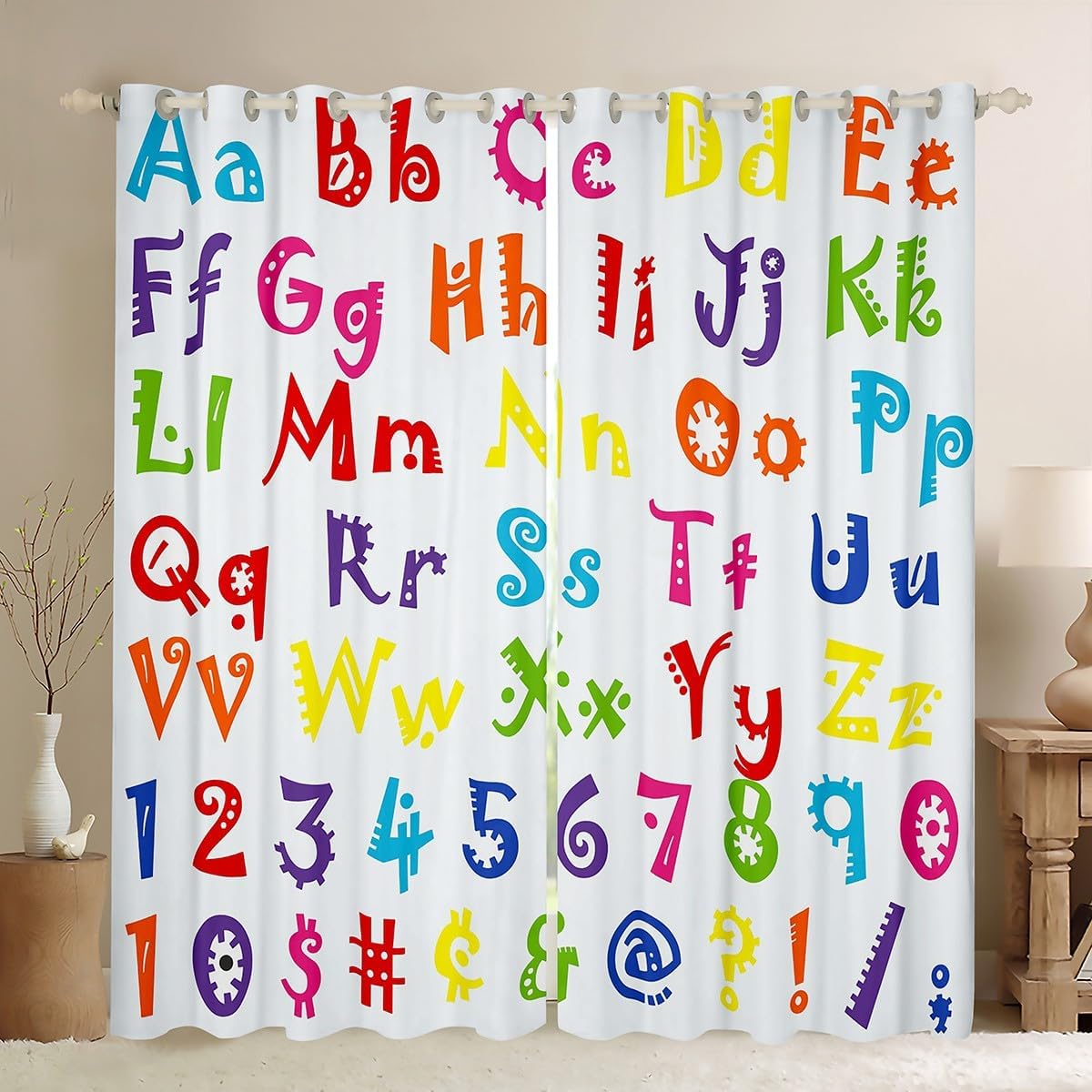 Alphabet Numbers Curtains ABC English Letters Darkening Drapes for Bedroom Living Room Decor Colorful Crayon Themed Thermal Insulated Shades Cute Modern Window Treatments, 2 Panels 52 x 84 Inch