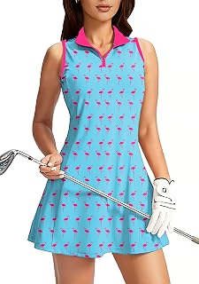 Women's Golf Sleeveless Zipper Dresses with Built in Shorts
