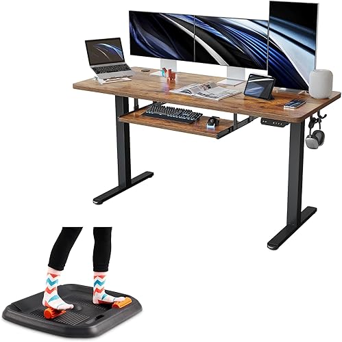FEZIBO Height Adjustable Desk with Keyboard Tray and Anti Fatigue Mat
