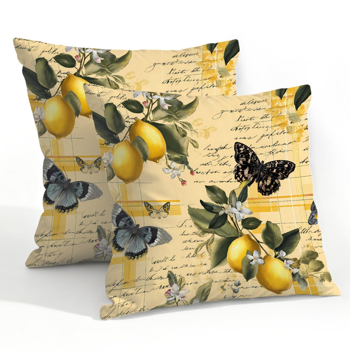 Outdoor Pillow Covers Waterproof Pillowcases 22x22in Set of 2 Butterfly Lemons On Yellow Letter Decorative Throw Cushion Case for Couch Sofa Garden Patio Furniture