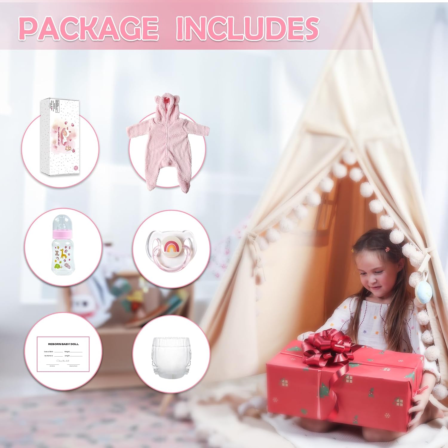 WOOROY Realistic Reborn Baby Doll - 20 Inch Lifelike Reborn Baby Girl with Open Eyes in Pink Plush Outfit, Handmade Collectible Gift with Accessories for Kids 3+