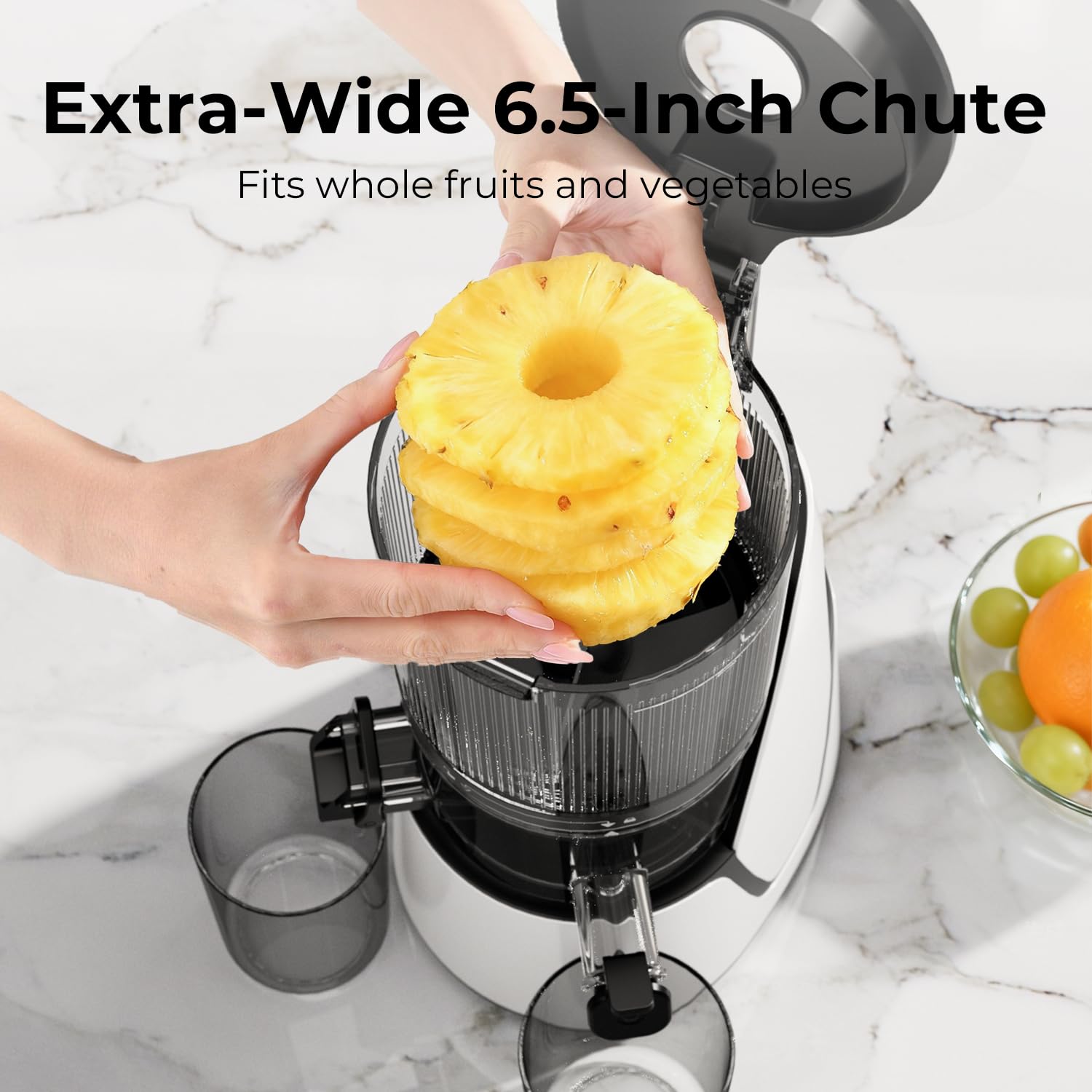 Juicer Machines, 3-in-1 Cold Press Juicer with 6.5" Extra Large Chute, 100oz Large Capacity, AC Motor, Makes Juice, Nut Milk & Sorbet, Bright White