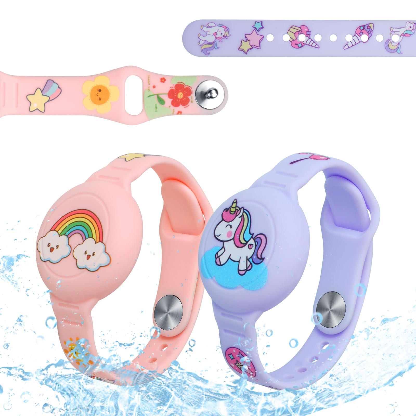 AXFEE Pulsera Compatible con Airtag - 2 Piezas de Silicona para Niños, Funda Protectora Ajustable Antipérdida, Impermeable, Unicornio + Arcoíris Rosa (Airtag No Incluido) - 1