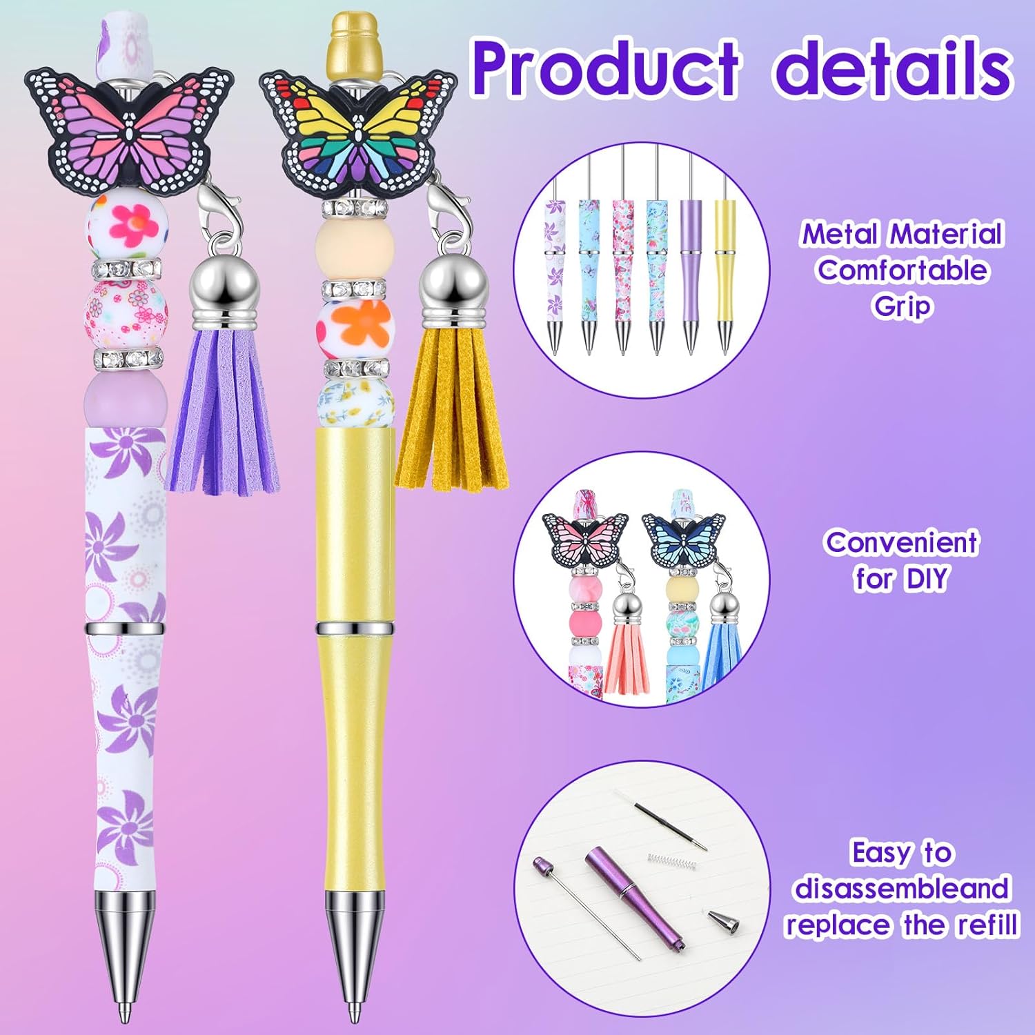 Qeeenar 130 Pcs Beadable Pens Kit Butterfly Bead Plastic Ballpoint Pen with Assorted Spacer Silicone Bead Tassel Lobster Clasp and Packaging Bag for Keychain Making Office Friends Gift Black Ink - Image 4