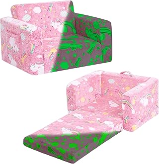 Tiita Kids Chair Couch, Folding Toddler Sofas, 2-in-1 Kids Plush Sofa to Fold Out, Baby Armrest Chair Sofa to Recliner, Convertible Play Sofas to Bed, Pink Rainbow