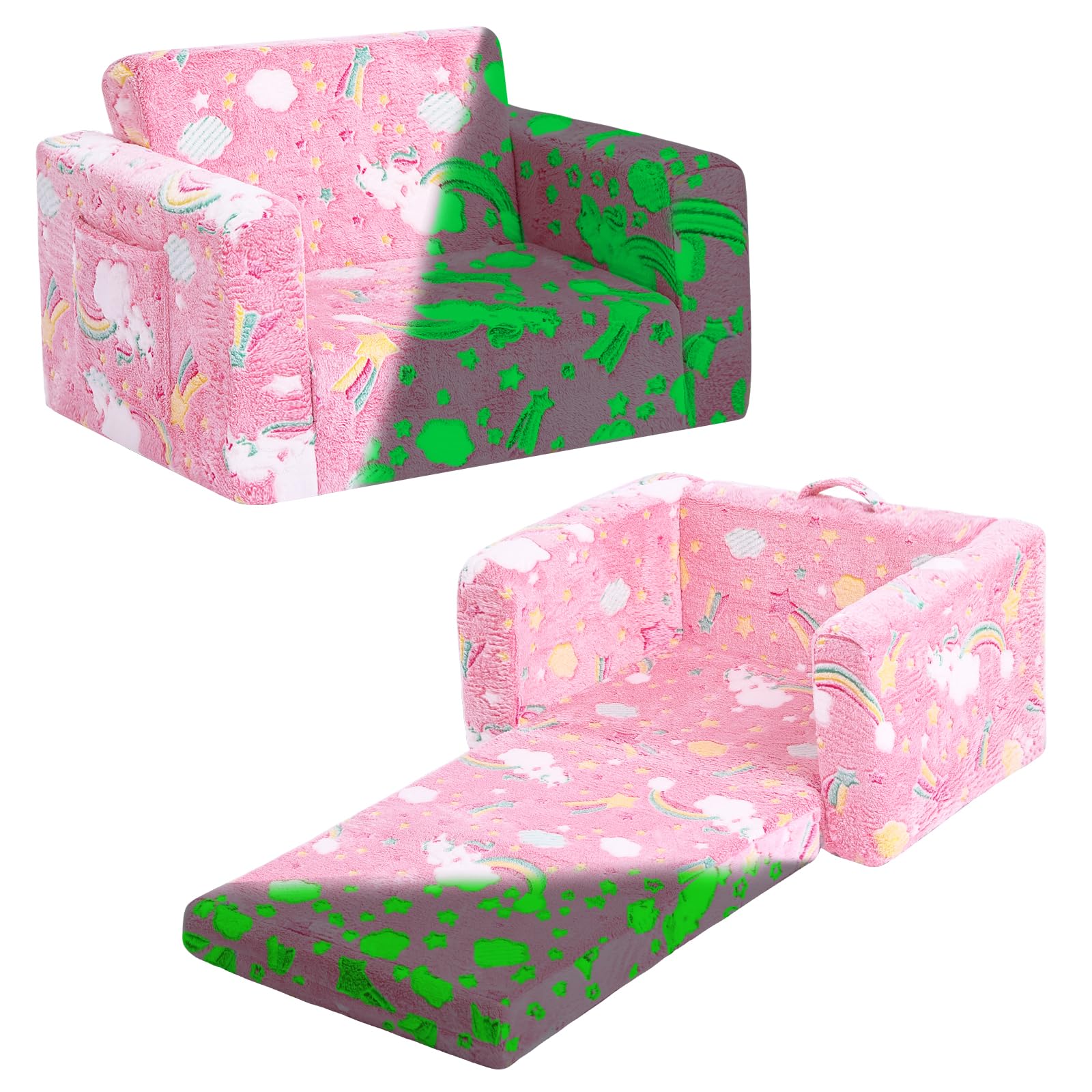 Tiita Kids Chair Couch, Folding Toddler Sofas, 2-in-1 Kids Plush Sofa to Fold Out, Baby Armrest Chair Sofa to Recliner, Convertible Play Sofas to Bed, Pink Rainbow