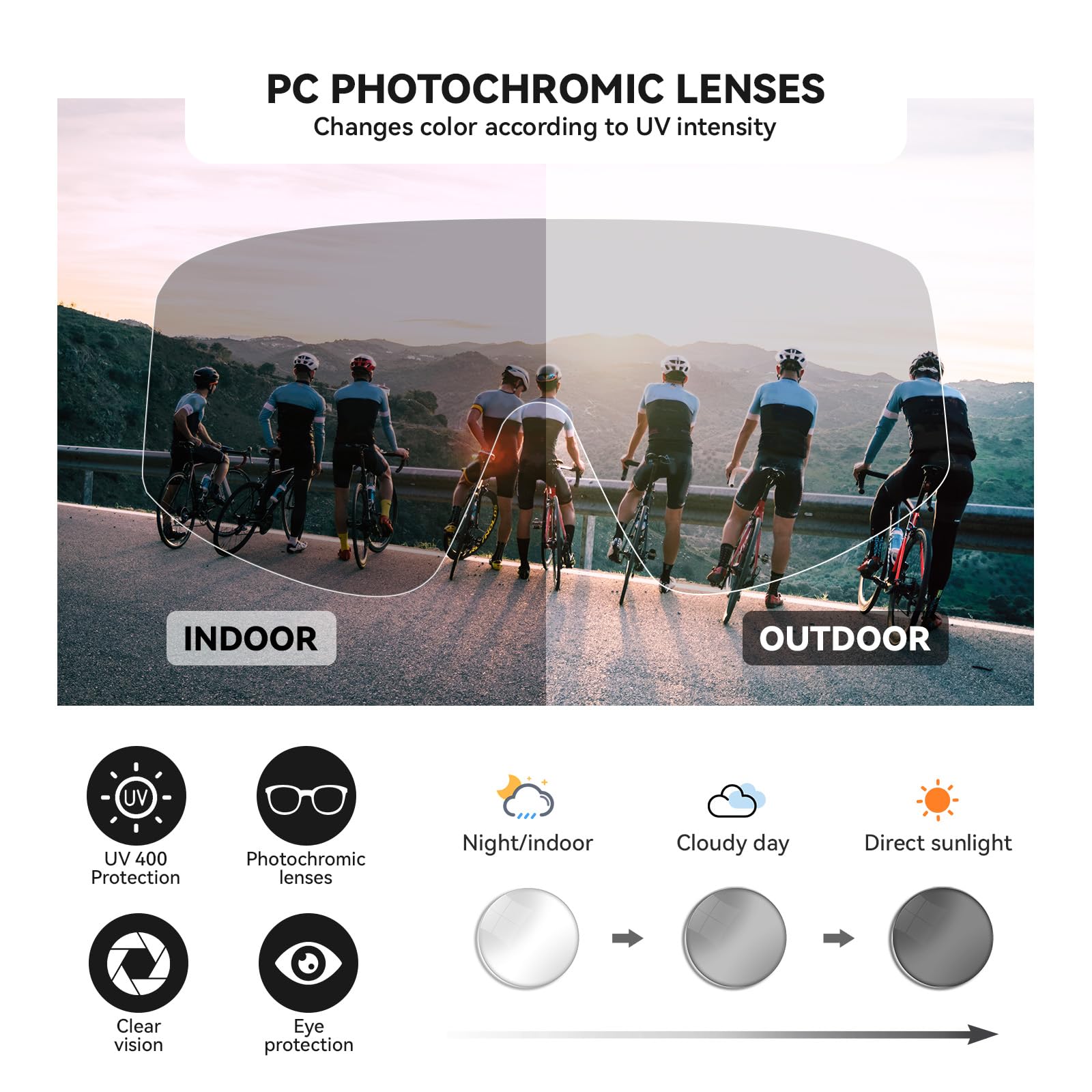 ROCKBROS Okulary rowerowe, okulary fotochromowe na zewnątrz do roweru, sportowe okulary przeciwsłoneczne dla mężczyzn i kobiet