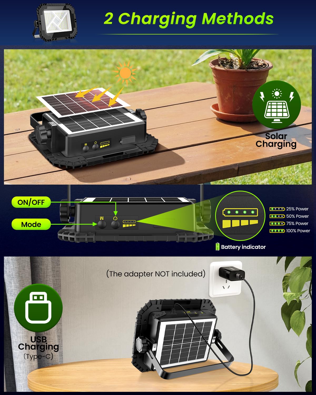 CLV Reflektor Akumulatorowy LED 200W 20000MAh Przenośna Lampa Robocza LED | 4 Tryby Świecenia Reflektor Budowlany 2 Poziomy Jasności Lampa Kempingowa, Solarna Akumulatorowa Ładowana Przez USB, IP66