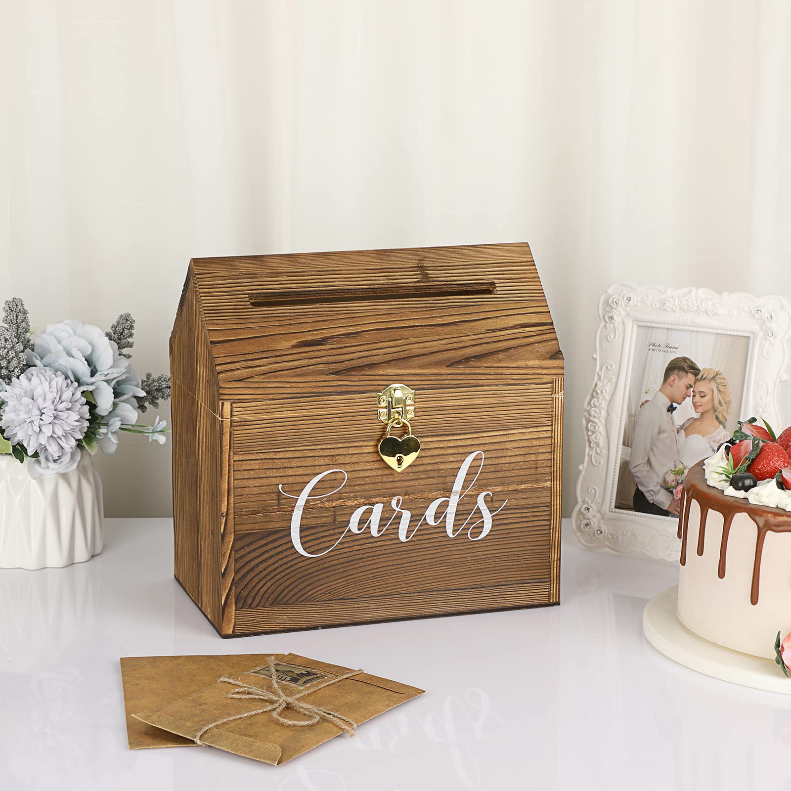 SUMNACON Vintage 25CM Holz Kartenbox mit Deckel Liebeschloss Hochzeit Kartenbox-Box für Jubiläum Weichnachten Hochzeit Geburtstag Baby-Shower Party Geschenkkarten Briefbox(Weiss,Braun)
