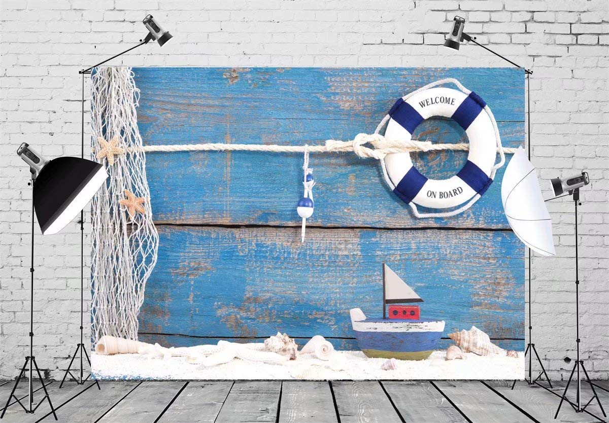 BELECO 5x3ft Fabric Nautical Backdrop Life Buoy and Toy Boat Shells on Blue Wooden Background Phtography Backdrop for Party Decoration Birthday Boy