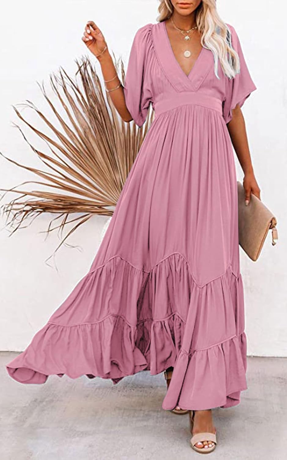 CHARTOU Women's Boho Ruffle Sleeve Flowy Maxi Dress Lace Up Back Tiered Party A Line Dress - Image 6