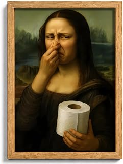 Funny Bathroom Wall Art, Framed Mona Lisa Holding Nose Poster, Wood Framed Celebrity Classical Painting, Humorous Bathroom Decor, Quirky Toilet Wall Art, 8x10 In