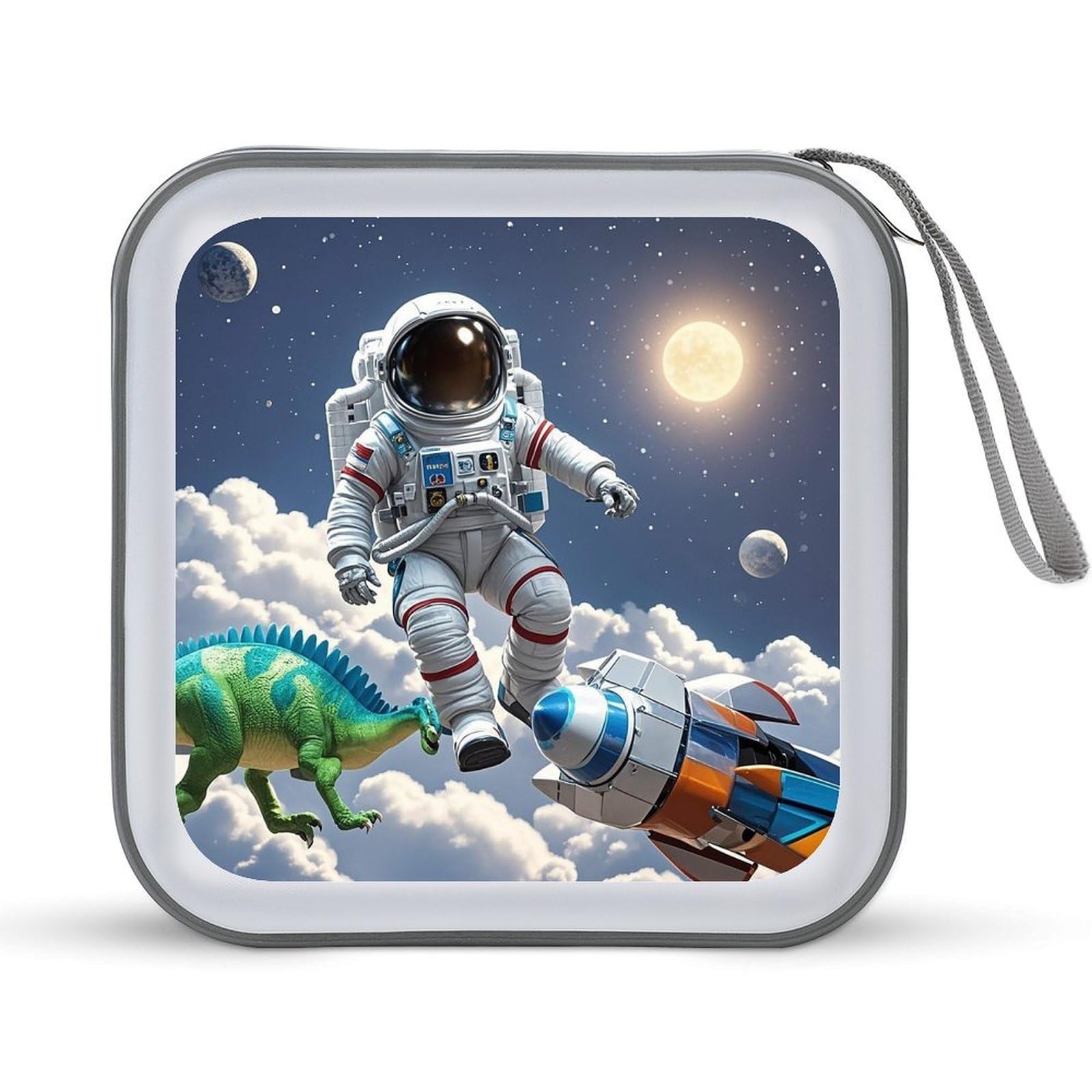 VstaDank Funny Astronaut Dinosaur Rocket CD Case with Hand Strap Lightweight DVD Wallet Holder 40 Capacity CD/DVD Case Wallet Protective CD Wallet CD/DVD Portable Storage Binder for Car Home Office