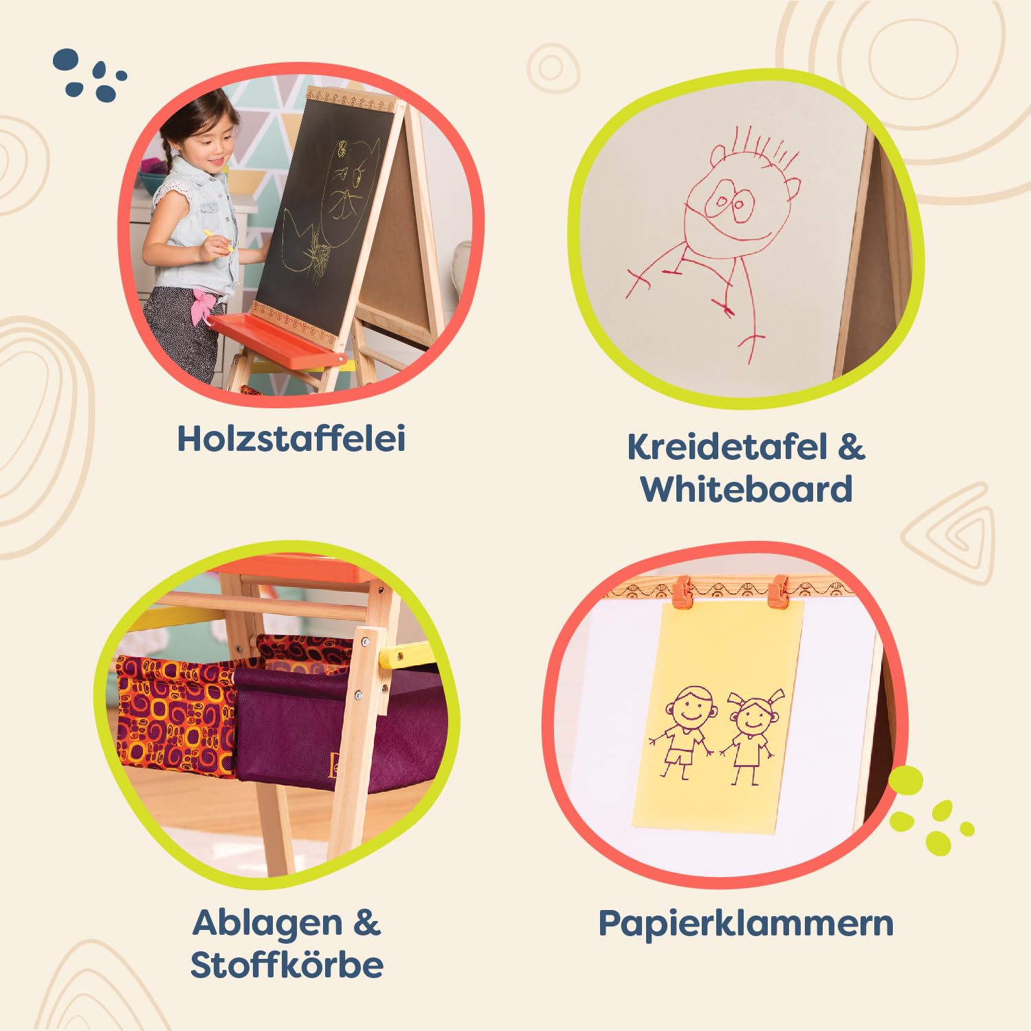B. toys Tafel Kinder, Maltafel mit Kreidetafel, Whiteboard, Papierhalterungen, Ablagen und 2 Behälter für Zubehör – Staffelei Holz Spielzeug ab 3 Jahre