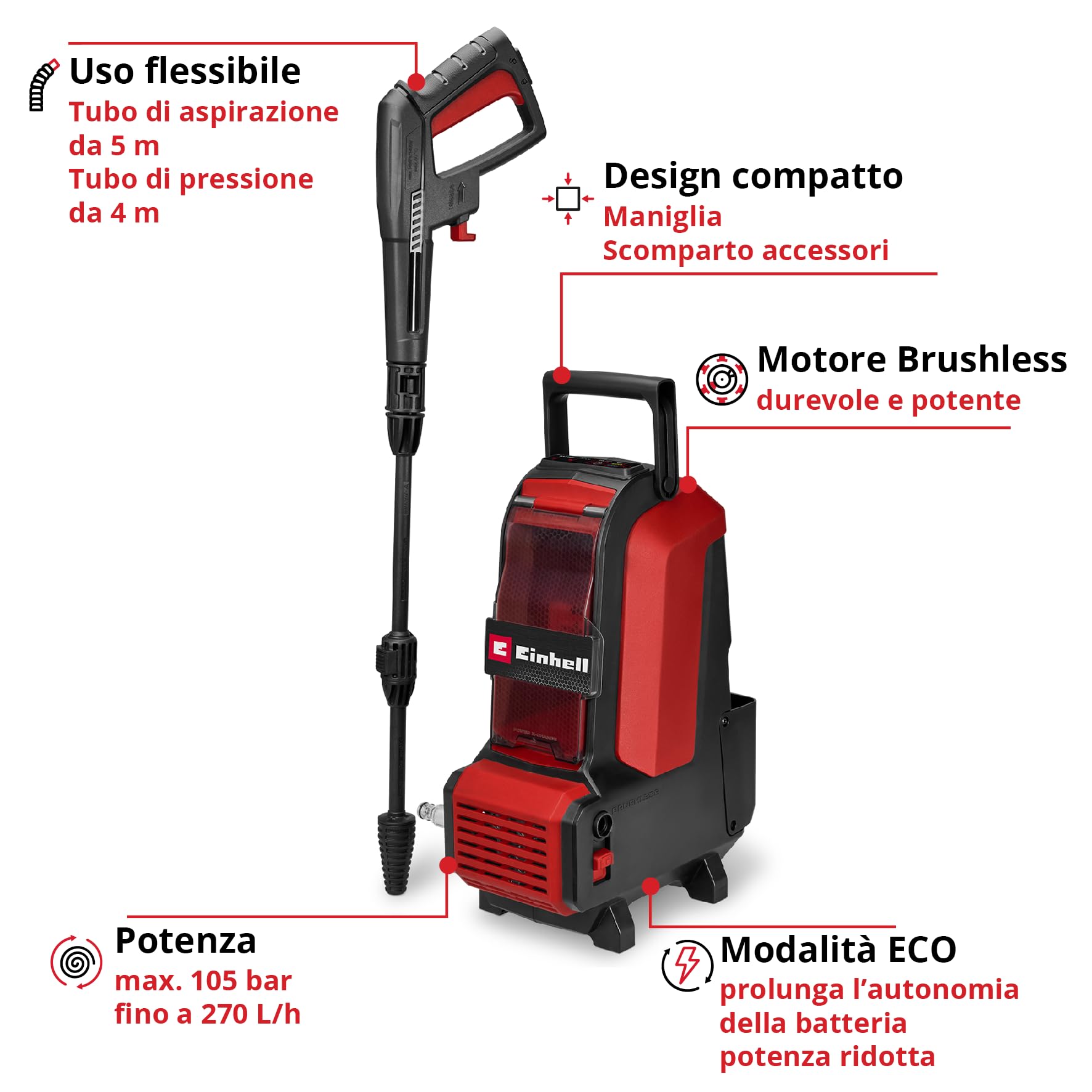 Einhell Idropulitrice HYPRESSO 36/105 Power X-Change (36 V, 105 bar, 270 L/h, flessibile alta pressione 4 m, flessibile aspirazione 5 m, 2 bocchette, spazzola di lavaggio, lancia, batterie escluse)