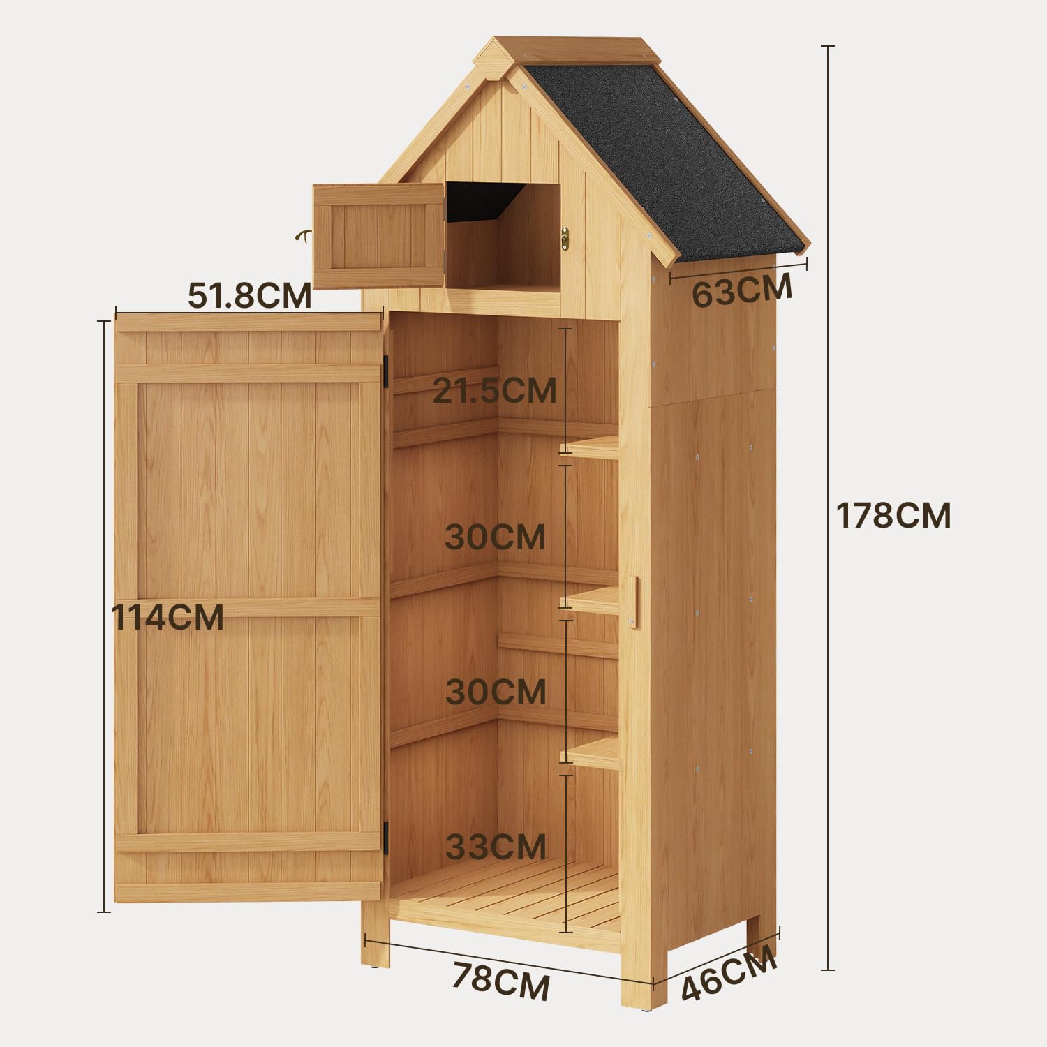 Armoire de Jardin en Bois, Abri à Outils avec Étagères, Rangement pour Outils de Jardin Ventilé à Toit en Bitume, Adapté pour la Pelouse, 77x54,2x179cm, Naturel