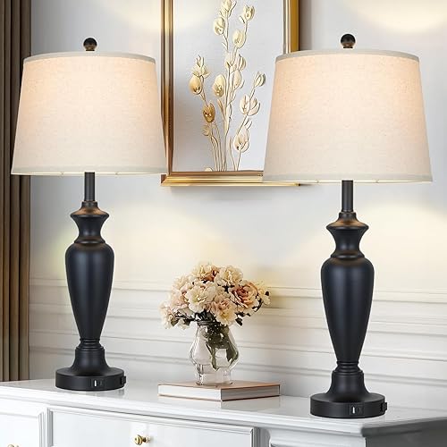 Miniatura 10 de Juego de 2 lámparas de mesa de cerámica blanca de 24 pulgadas para dormitorio, lámparas de noche clásicas modernas para mesita de noche, lámpara