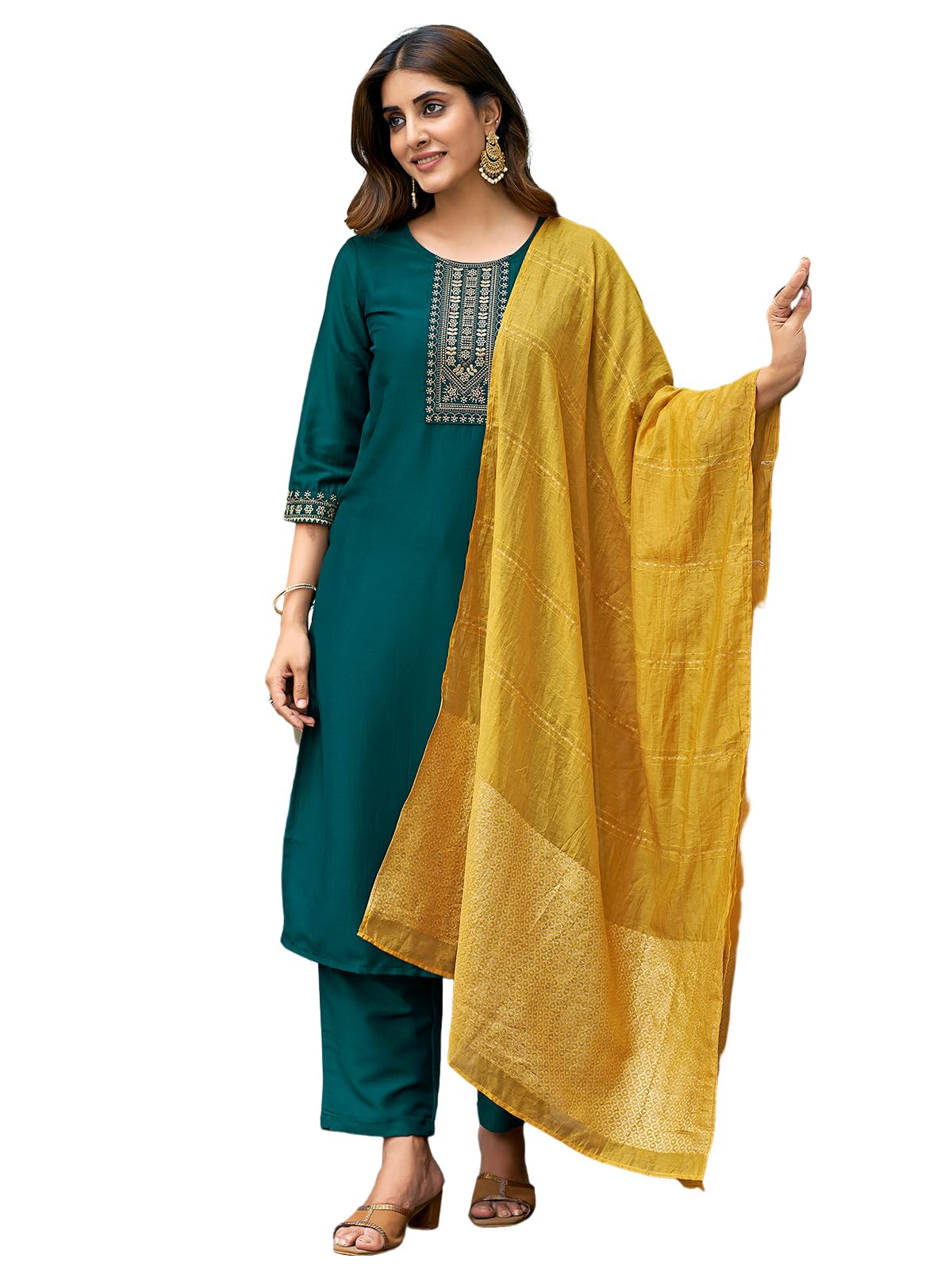 Sanisa Women's Silk Blend Embroidery Straigth Kurta With Pant And Dupatta Set| Ethnic Set | Suit Set | Kurta Set(151Kbd1632N-Xl_Bottle Green)