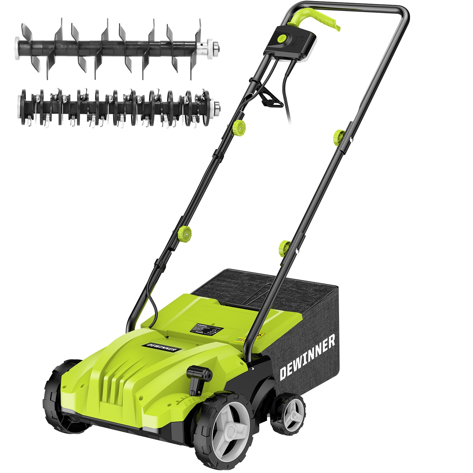 DEWINNER Escarificador eléctrico 2 en 1, aireador de césped 1500W, 32 cm de Ancho de Trabajo, Cesta de Recogida de 30 l, Ajustable en 4 Niveles de -12 Biz + 4 mm