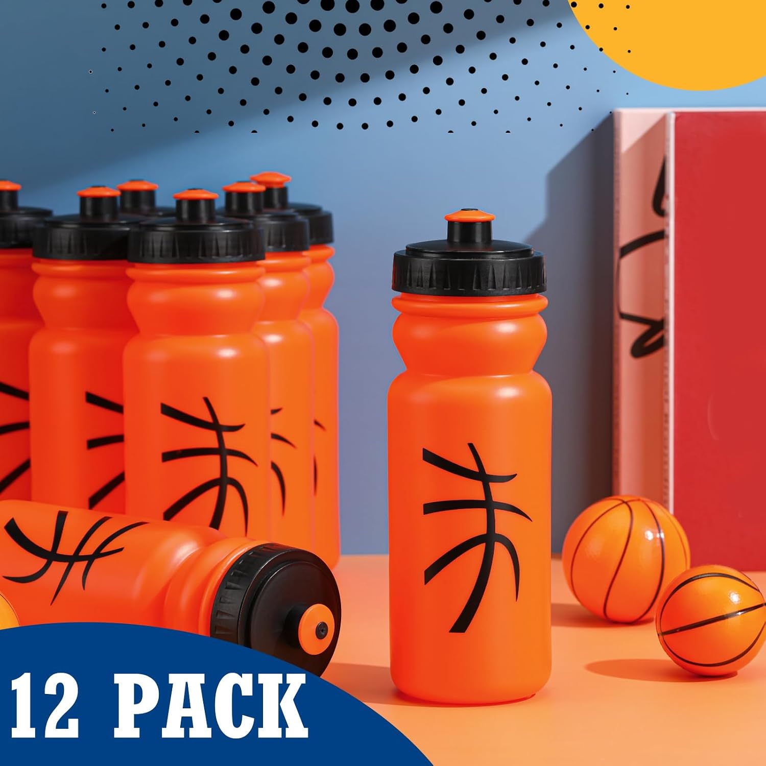 Nitial 12 Pack Water Bottles Bulk 20 oz Reusable Squeeze Water Bottles Plastic Sports Bottle with Pull Top Cap Sports Gifts Tumbler for Travel Gym Sport Party Supplies(Orange,Basketball) image 5