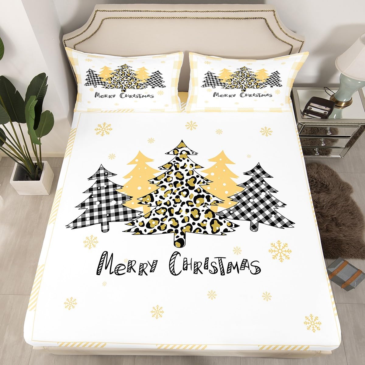 Xmas Tree Fitted Sheet Double Size, Yellow Plaid Grid Snowflake Bed Cover with 2 Pillowcases, Christmas Theme Bedding Set 3pcs for Kids Girls Room Decor, Soft Polyester Bedding — image 1